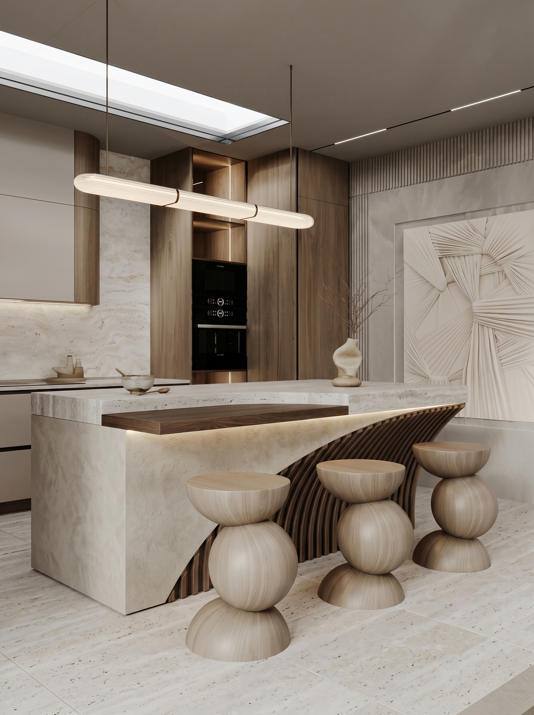 Curved marble kitchen island with green velvet stools, glowing geometric panel, gold accents, chandeliers, and luxury city view