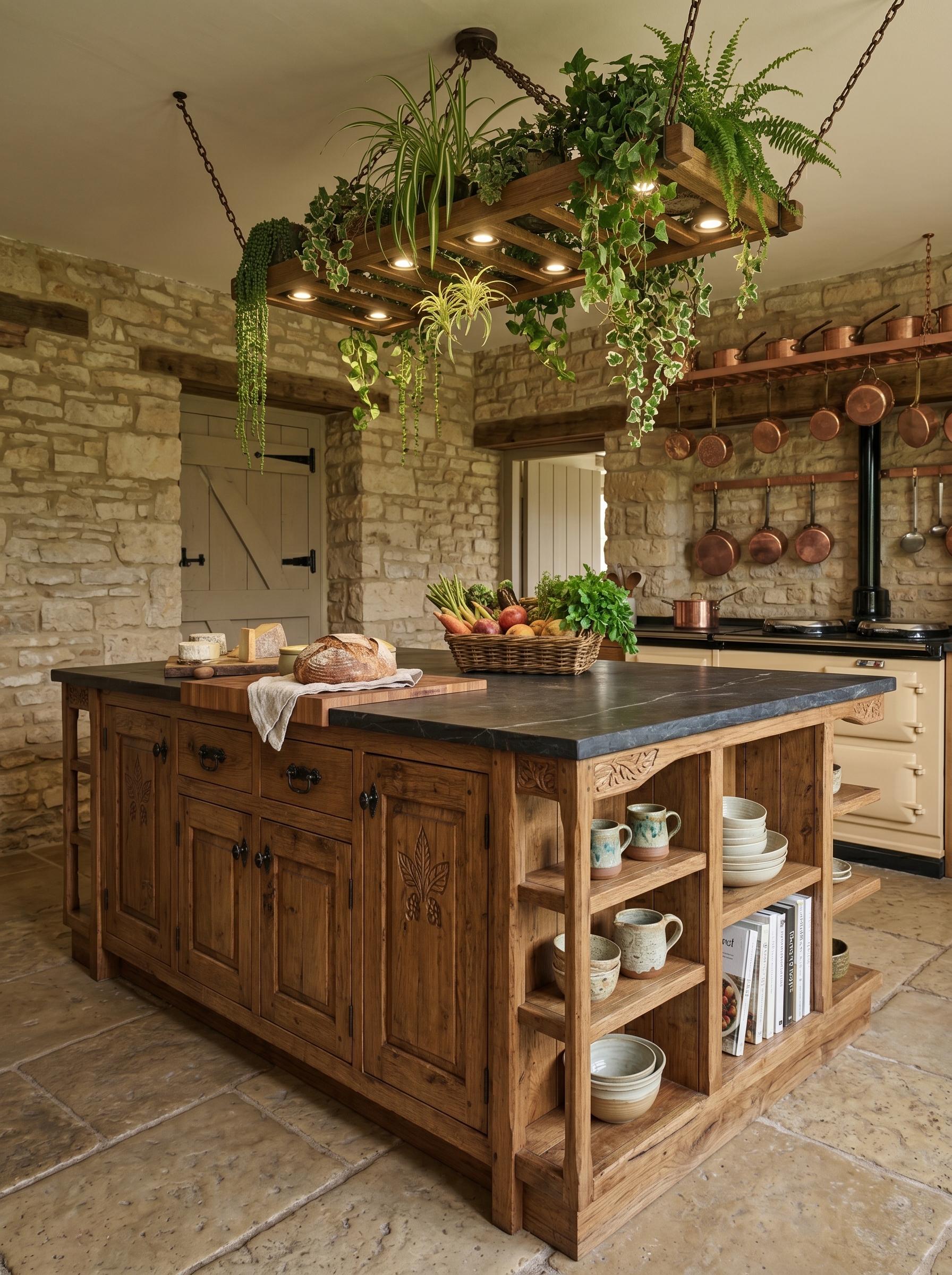Organic modern kitchen island with ribbed wood front, light stone countertop, rounded wooden stools, under-counter lighting, and neutral decor