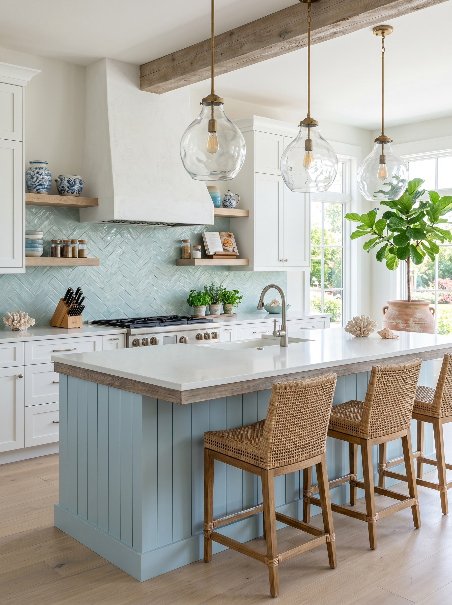 Coastal farmhouse kitchen ideas with white cabinets, blue island, rattan bar stools, wood accents, and beach house decor