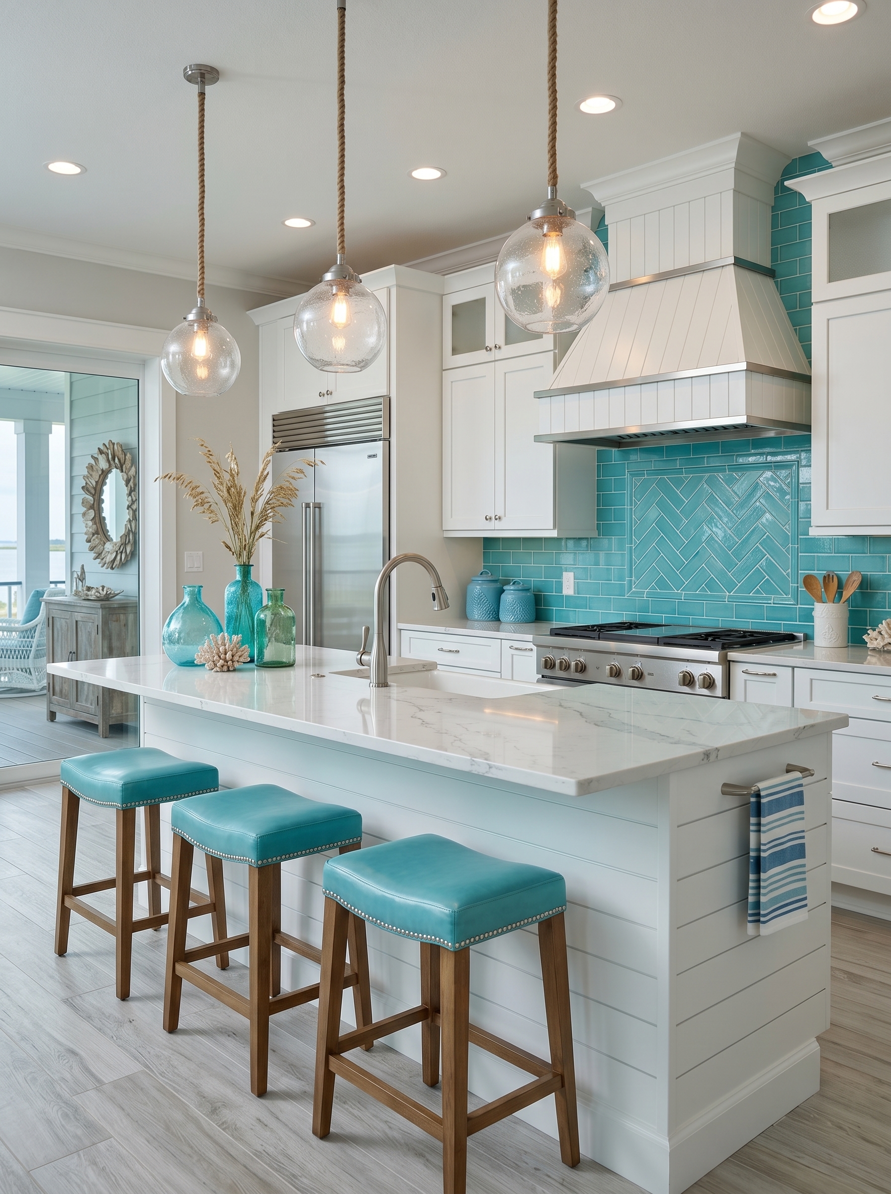 Soft blue island coastal farmhouse kitchen with white shaker cabinets, rattan bar stools, glass pendant lights, and herringbone backsplash