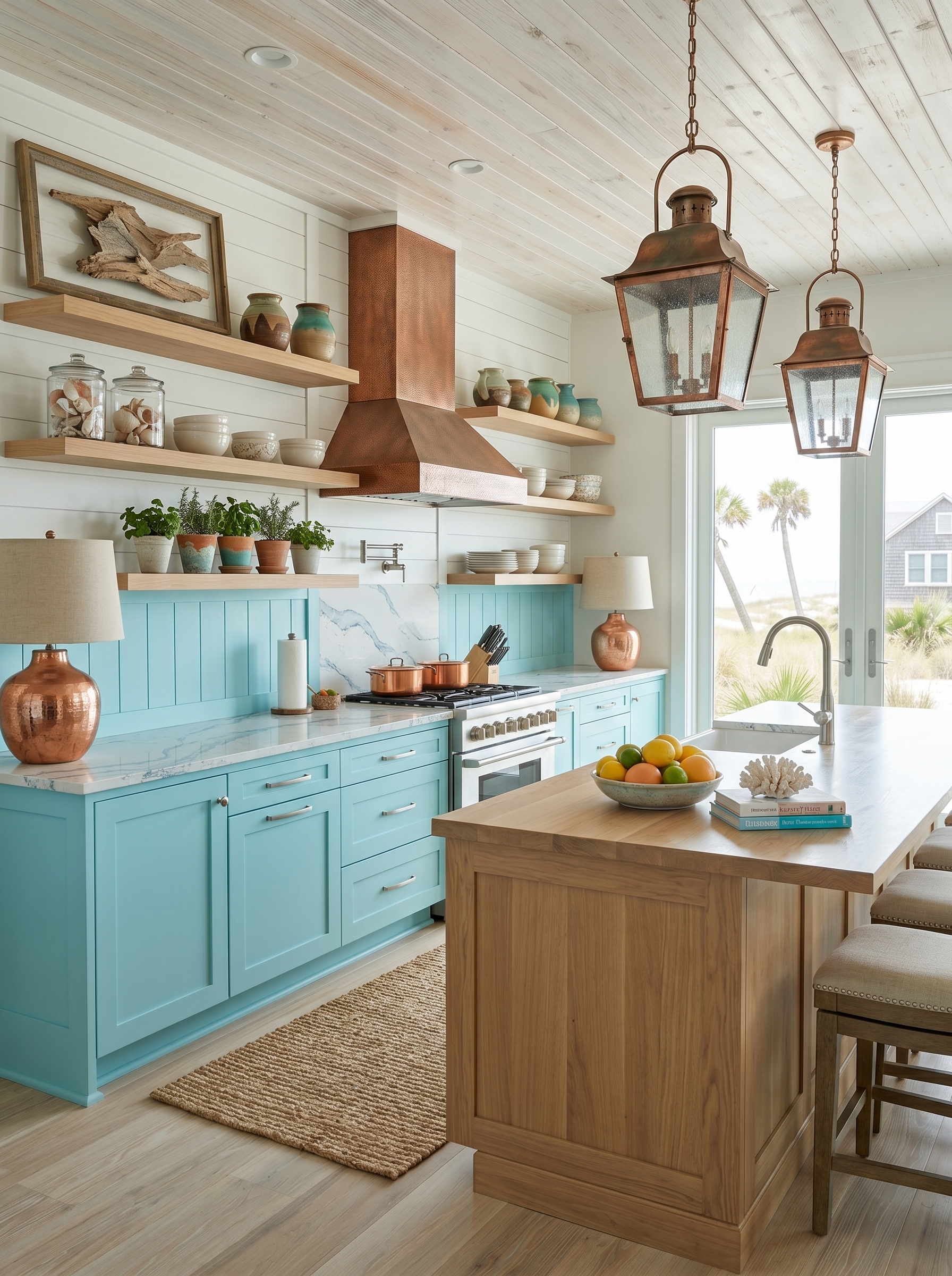 White shiplap coastal farmhouse kitchen with turquoise bar stools, aqua backsplash, glass globe pendant lights, and marble countertop