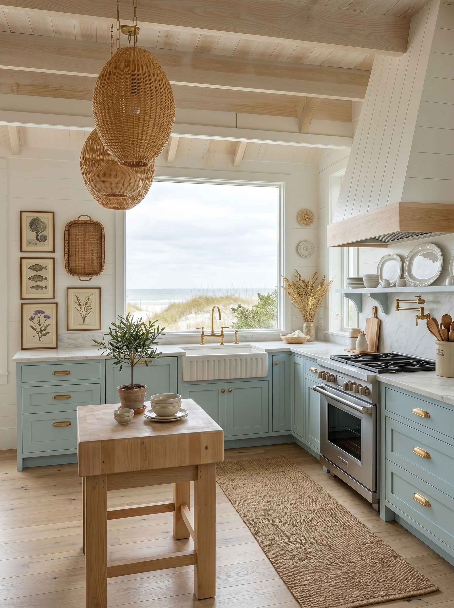 Aqua blue coastal farmhouse kitchen with natural wood island, white shiplap walls, open shelves, copper accents, and lantern pendant lights