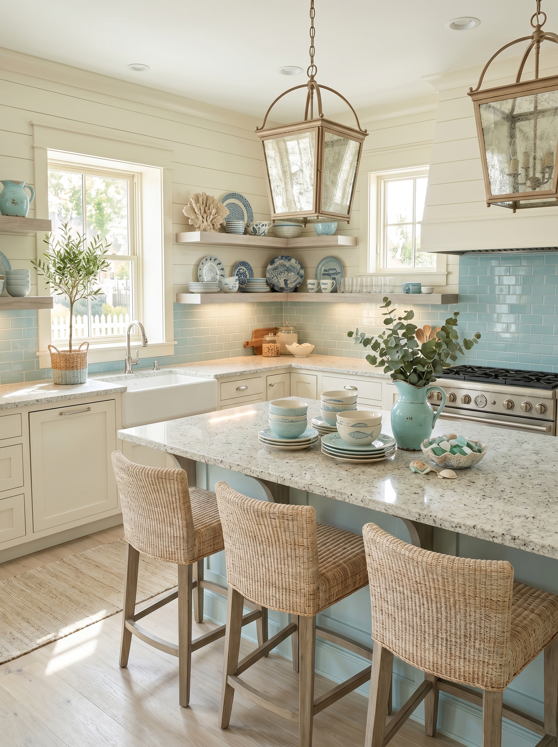 Airy blue coastal farmhouse kitchen with ocean view, farmhouse sink, brass faucet, rattan pendant lights, and wooden island