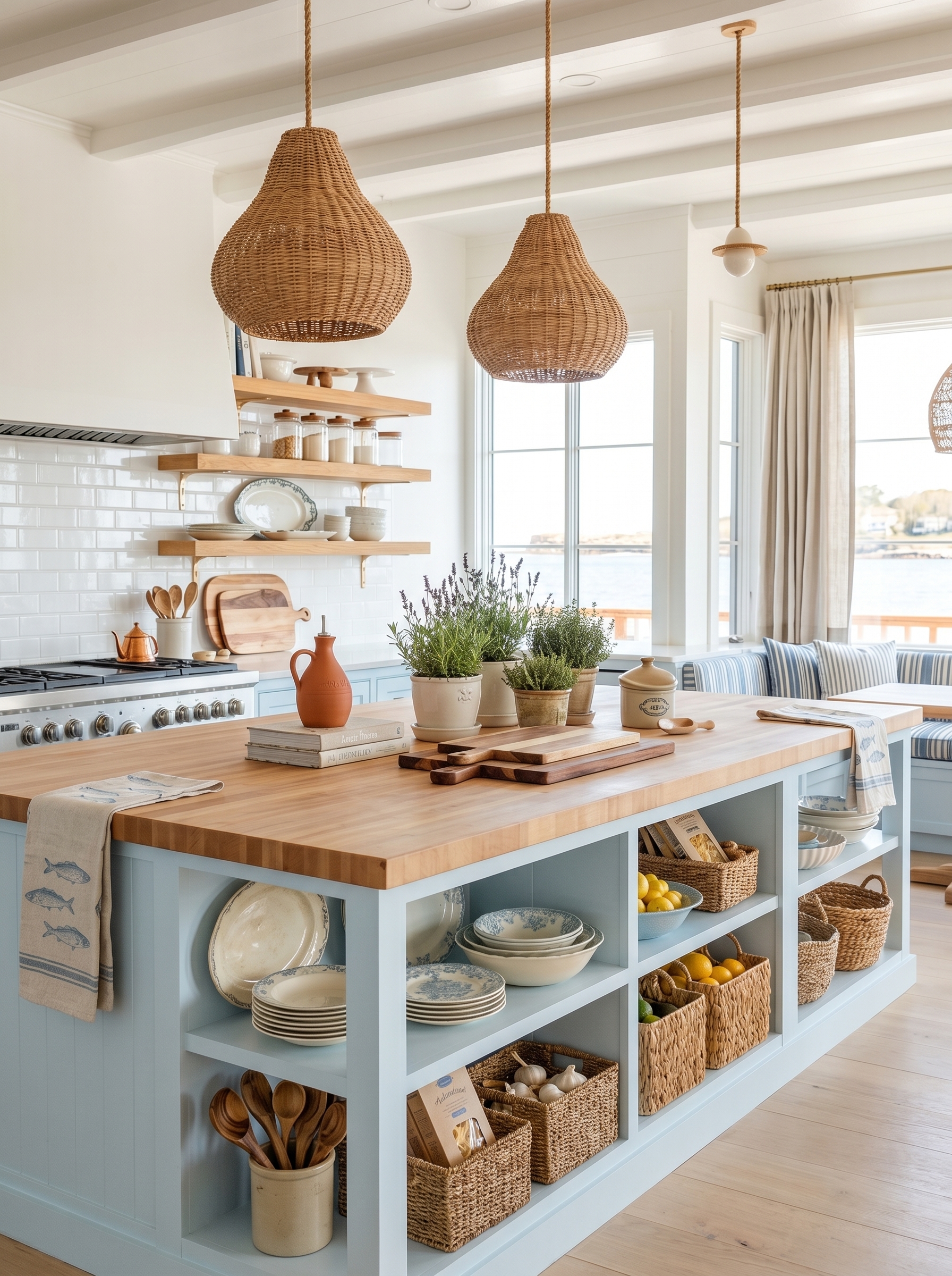 Pale blue island coastal farmhouse kitchen with woven counter stools, shiplap walls, lantern pendant lights, and open shelves