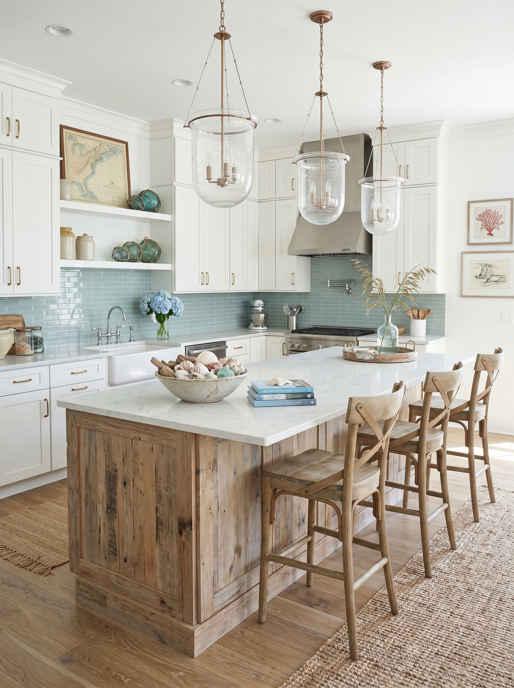 Coastal farmhouse kitchen with soft blue island, wood countertop, white subway tile, woven pendant lights, and built-in dining nook