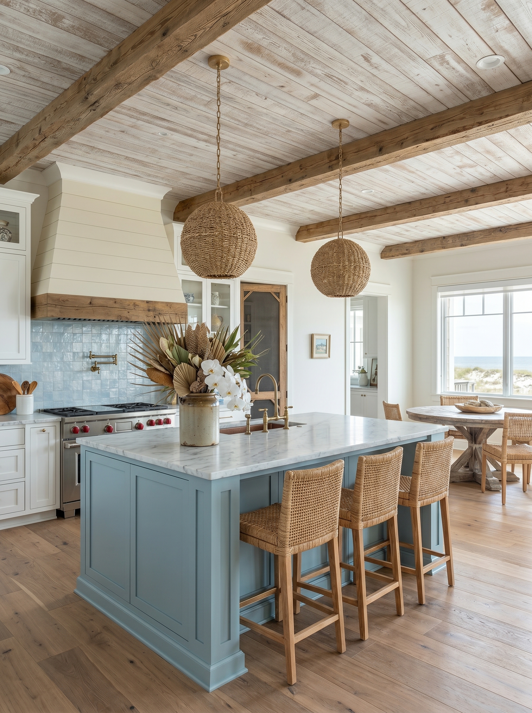 Reclaimed wood coastal farmhouse kitchen island with aqua tile backsplash, white shaker cabinets, glass pendant lights, and brass hardware
