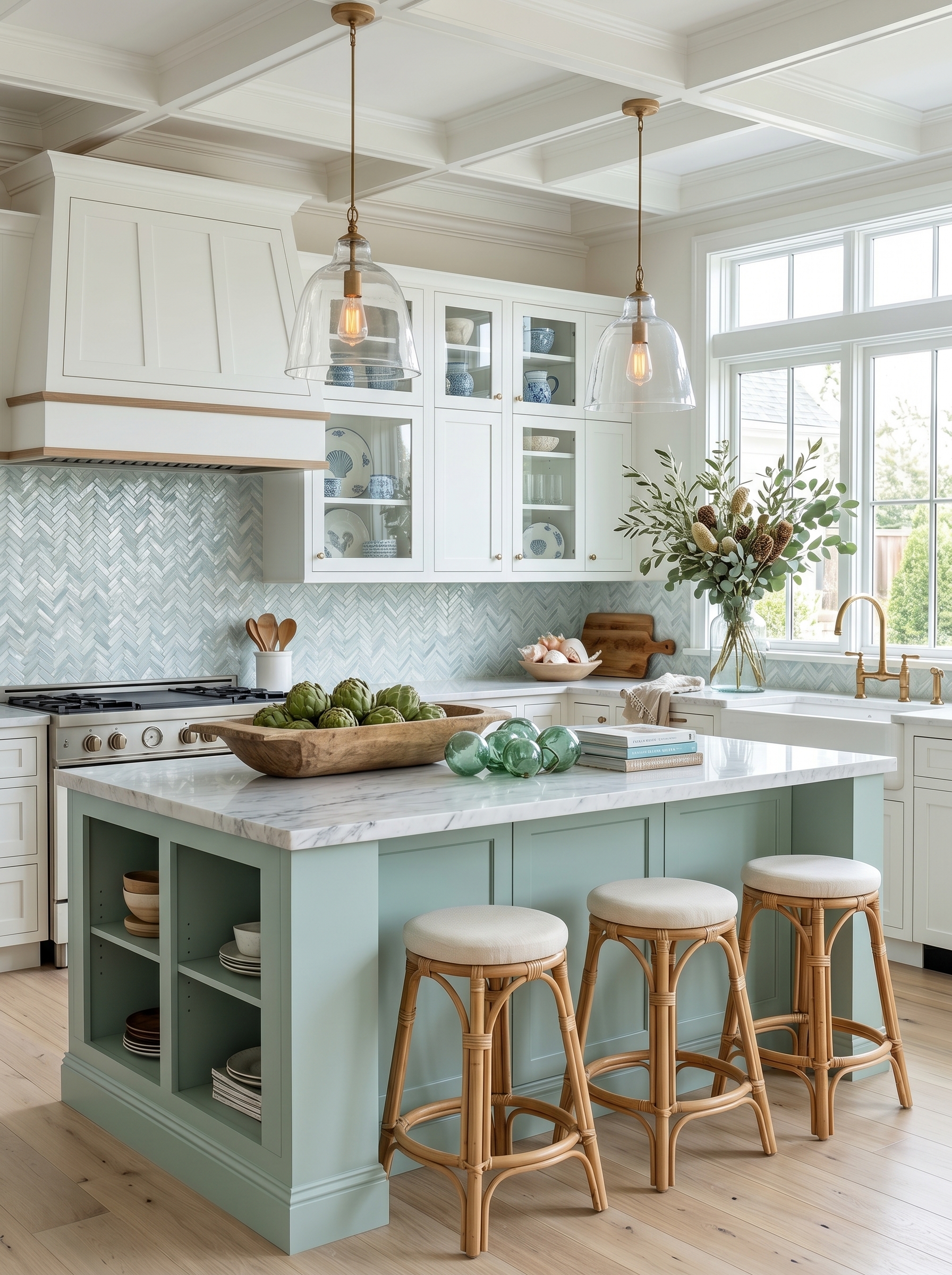 Rustic ceiling beam coastal farmhouse kitchen with blue island cabinets, rattan stools, woven pendant lights, and beach view