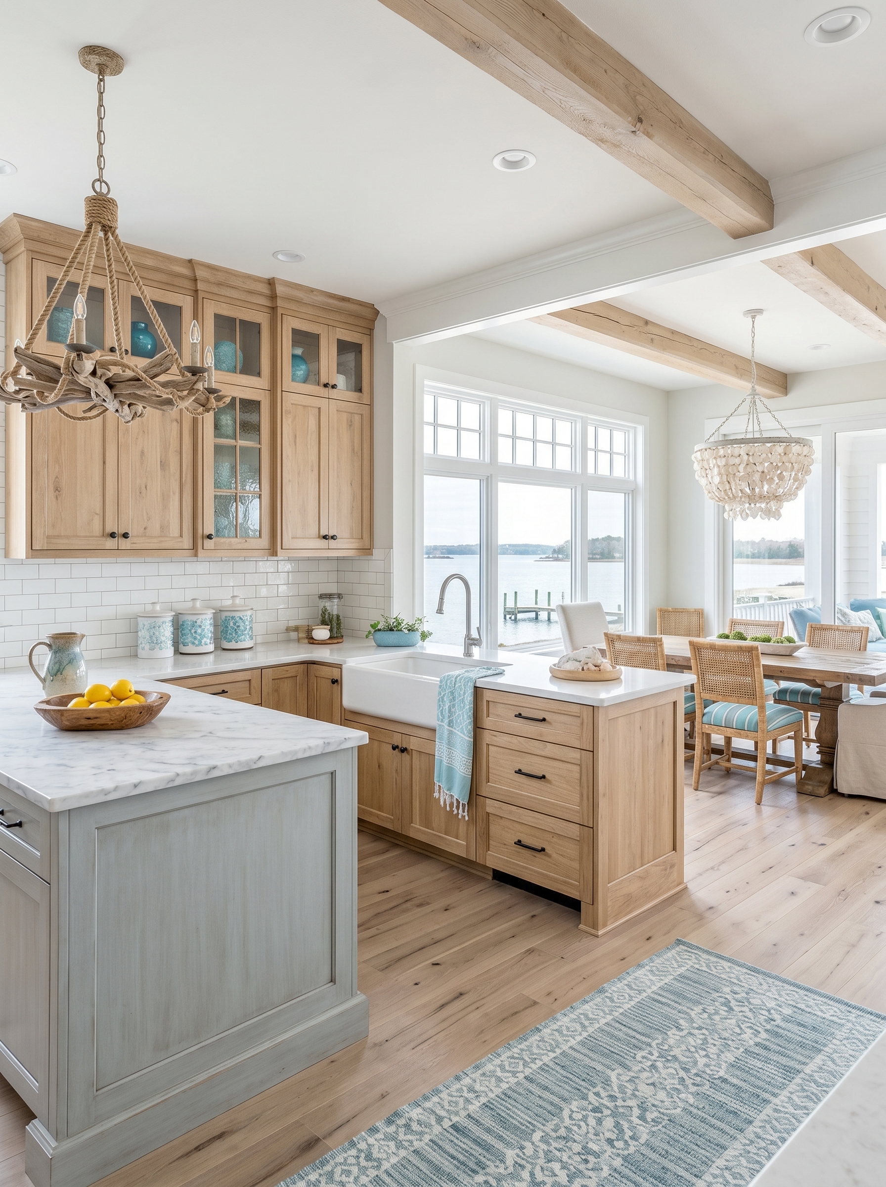 Sage green coastal farmhouse kitchen island with white shaker cabinets, herringbone aqua backsplash, rattan stools, and brass fixtures