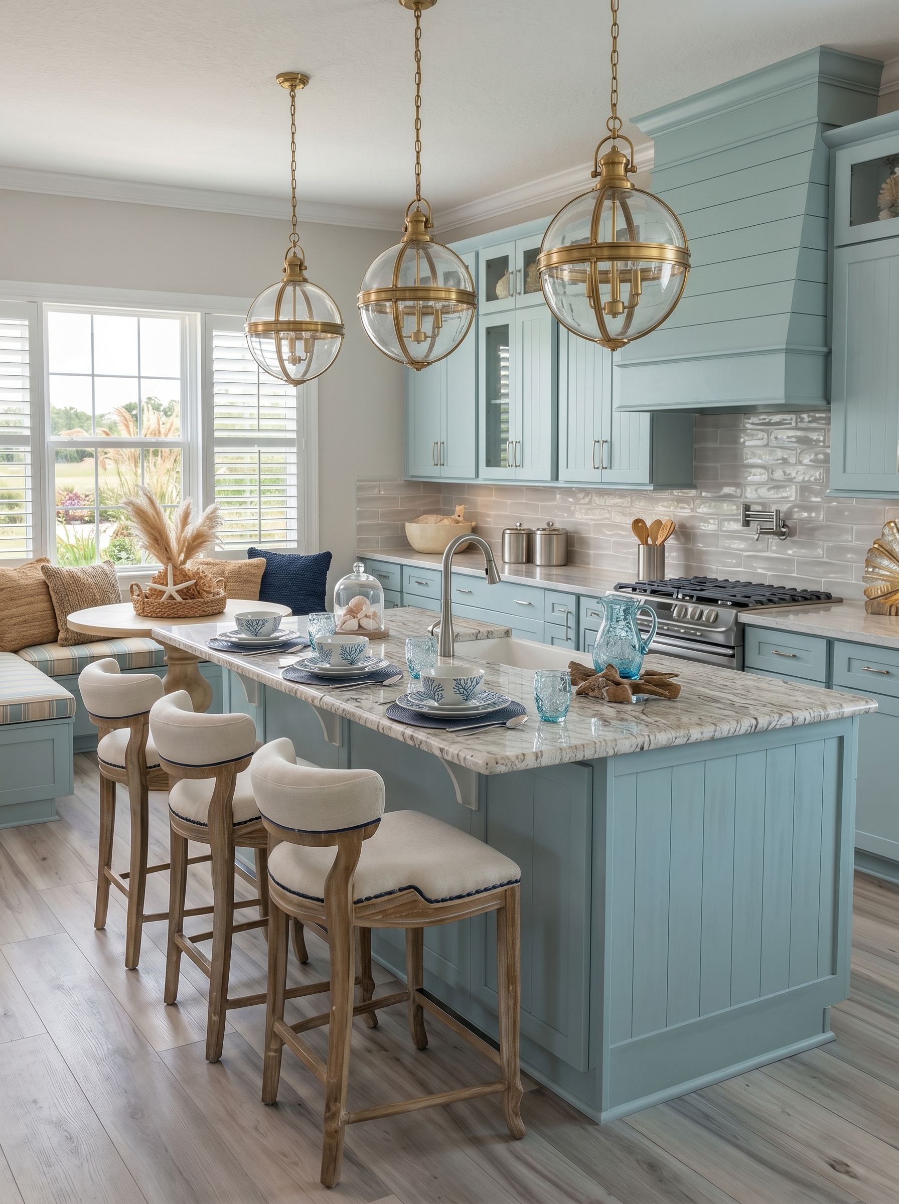 Natural wood coastal farmhouse kitchen with blue accents, marble-look countertops, shell chandelier, farmhouse sink, and water view