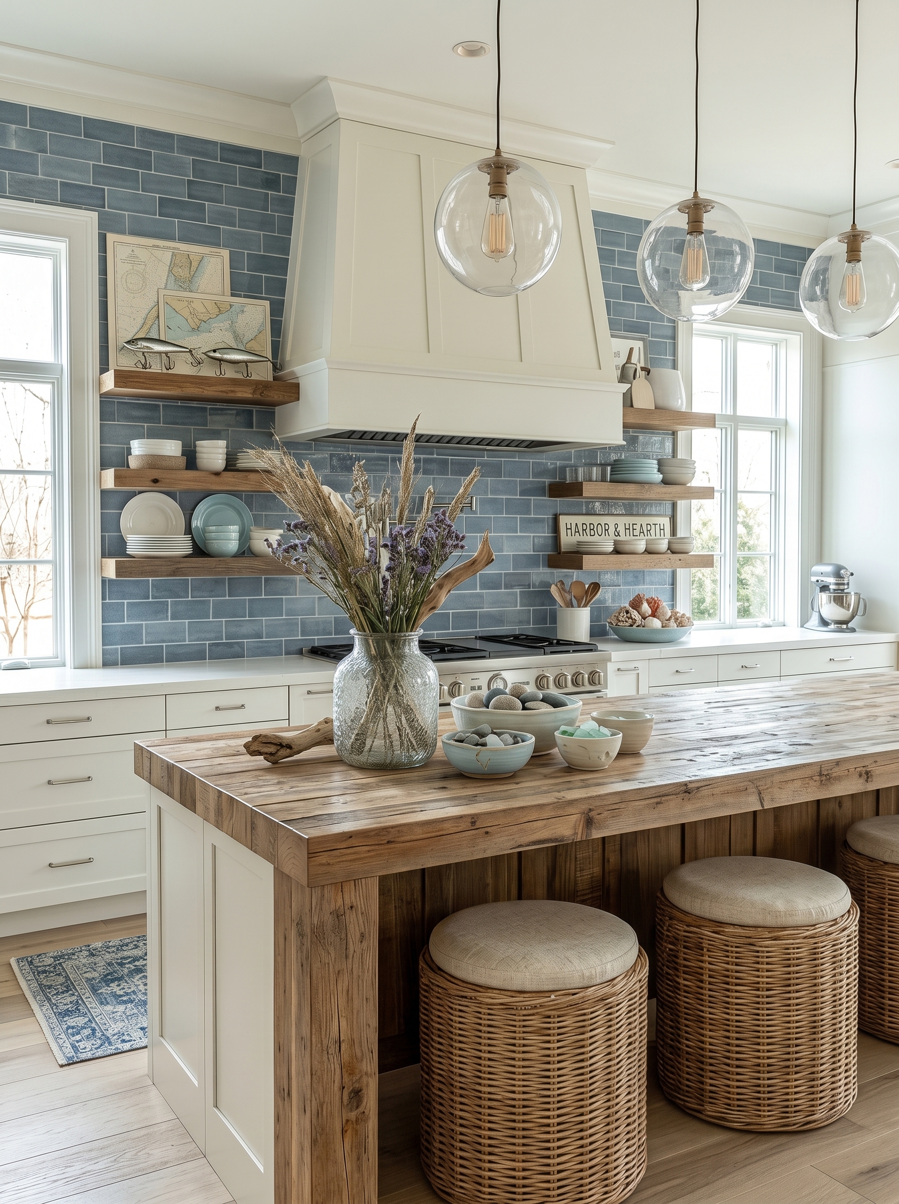Powder blue coastal farmhouse kitchen with marble island, brass globe pendants, farmhouse sink, upholstered stools, and beach decor