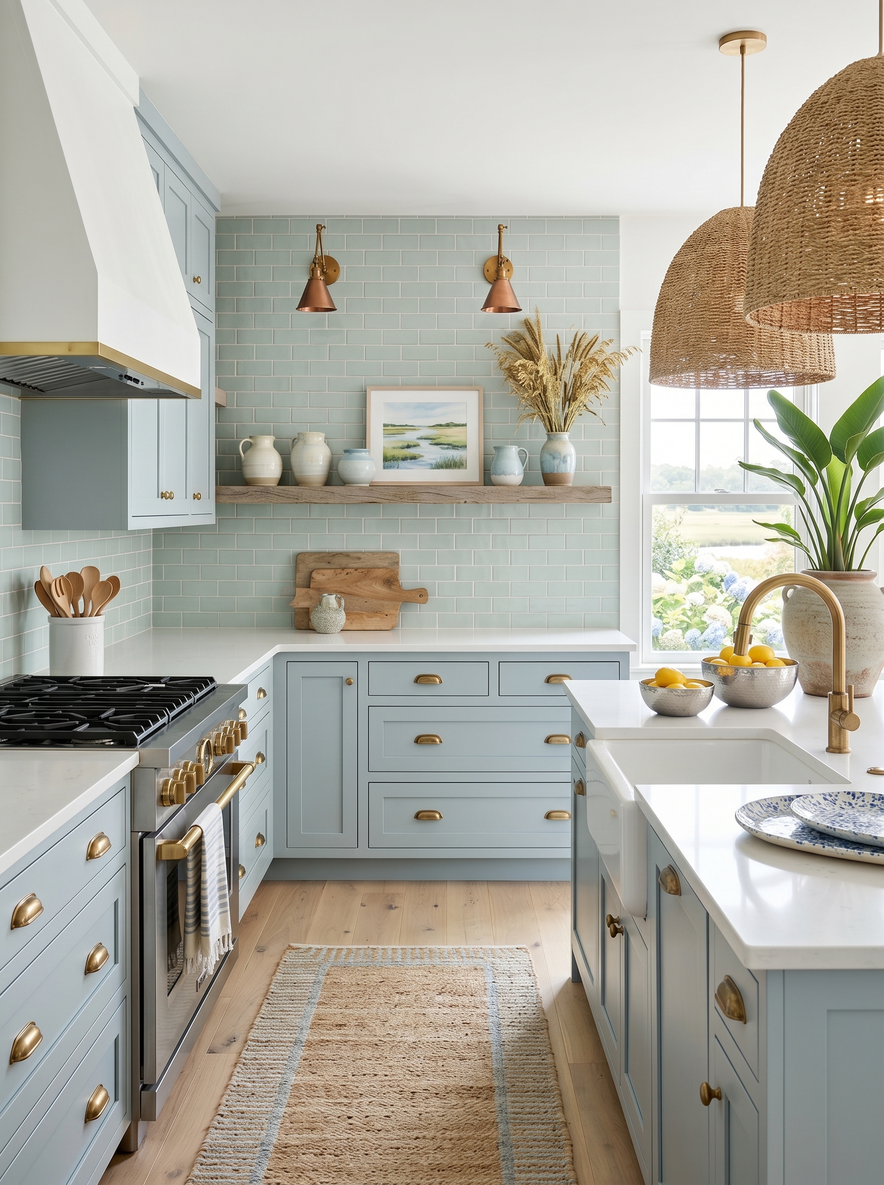 Rustic wood island coastal farmhouse kitchen with white cabinets, soft blue subway tile, open shelves, and woven round stools