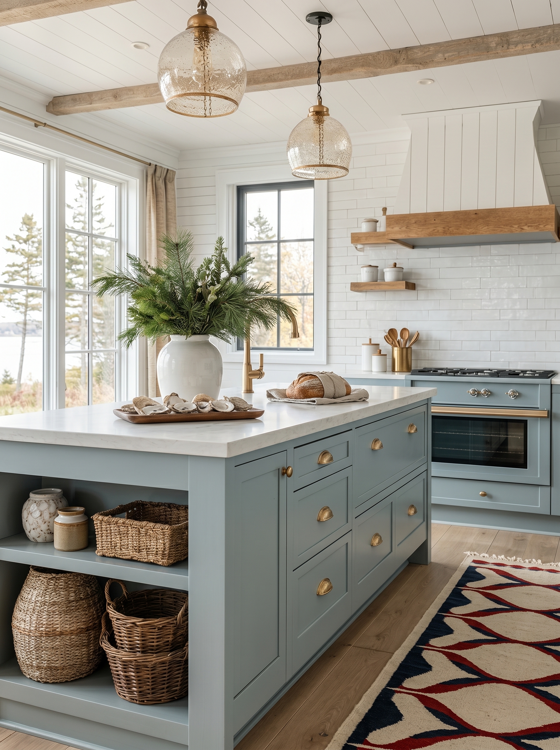 Light blue coastal farmhouse kitchen cabinets with brass hardware, white countertops, rattan pendant lights, farmhouse sink, and aqua backsplash