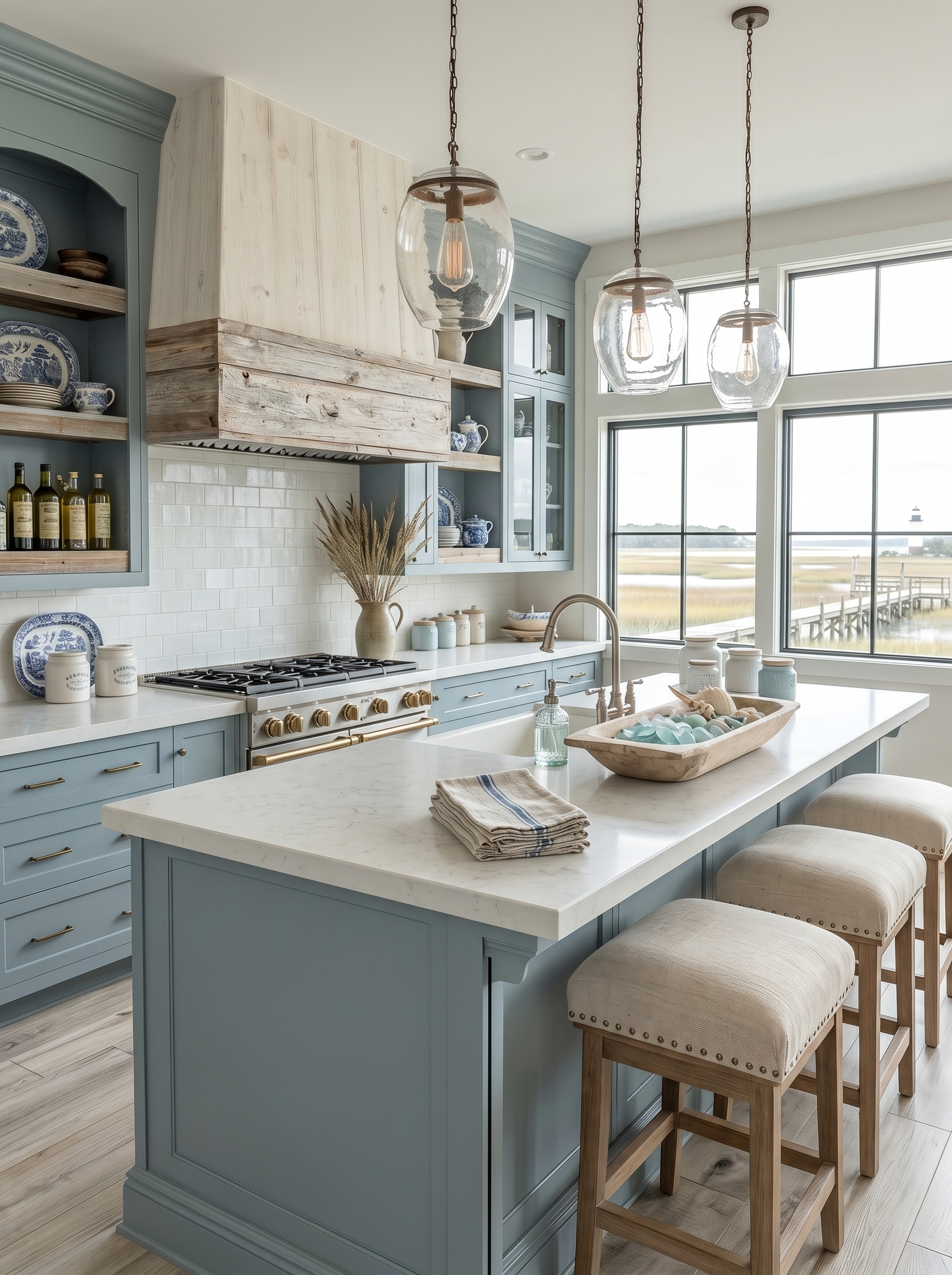 Oversized pale blue coastal farmhouse kitchen island with open shelves, woven baskets, white shiplap walls, wood beams, and glass pendants