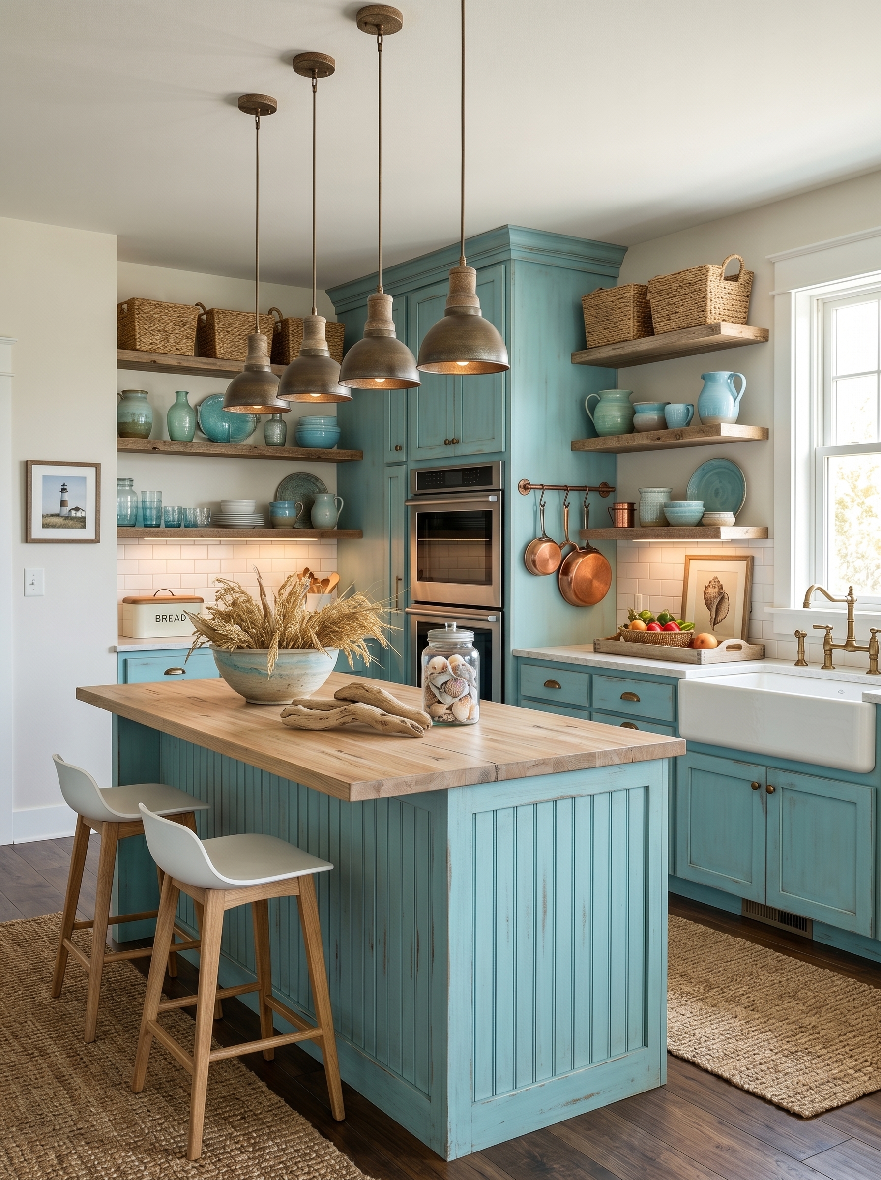 Waterfront coastal farmhouse kitchen with soft blue cabinets, reclaimed wood range hood, white subway tile, glass pendant lights, and farmhouse sink