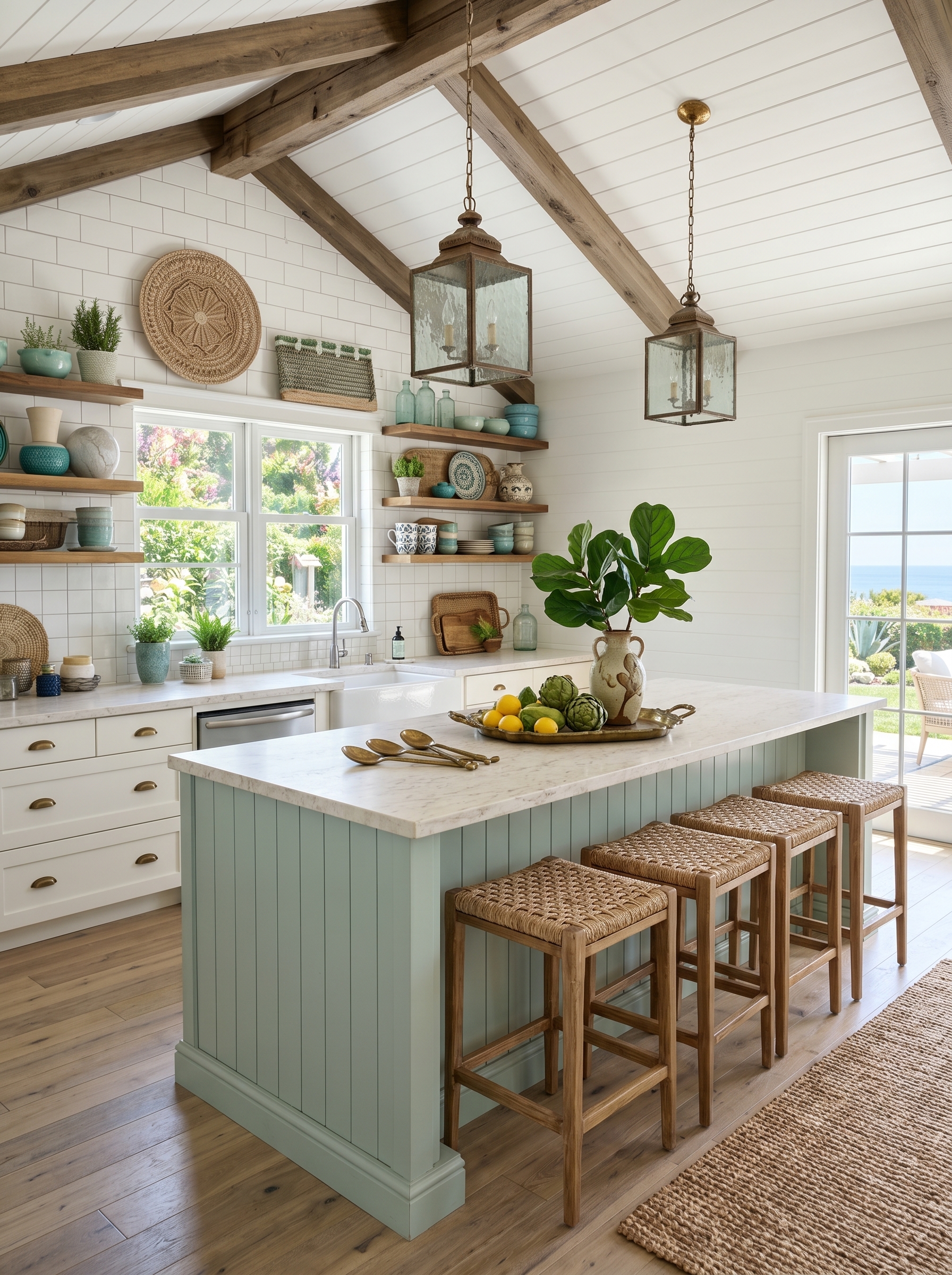 Distressed aqua coastal farmhouse kitchen cabinets with wood island top, farmhouse sink, open shelves, copper pans, and shell decor