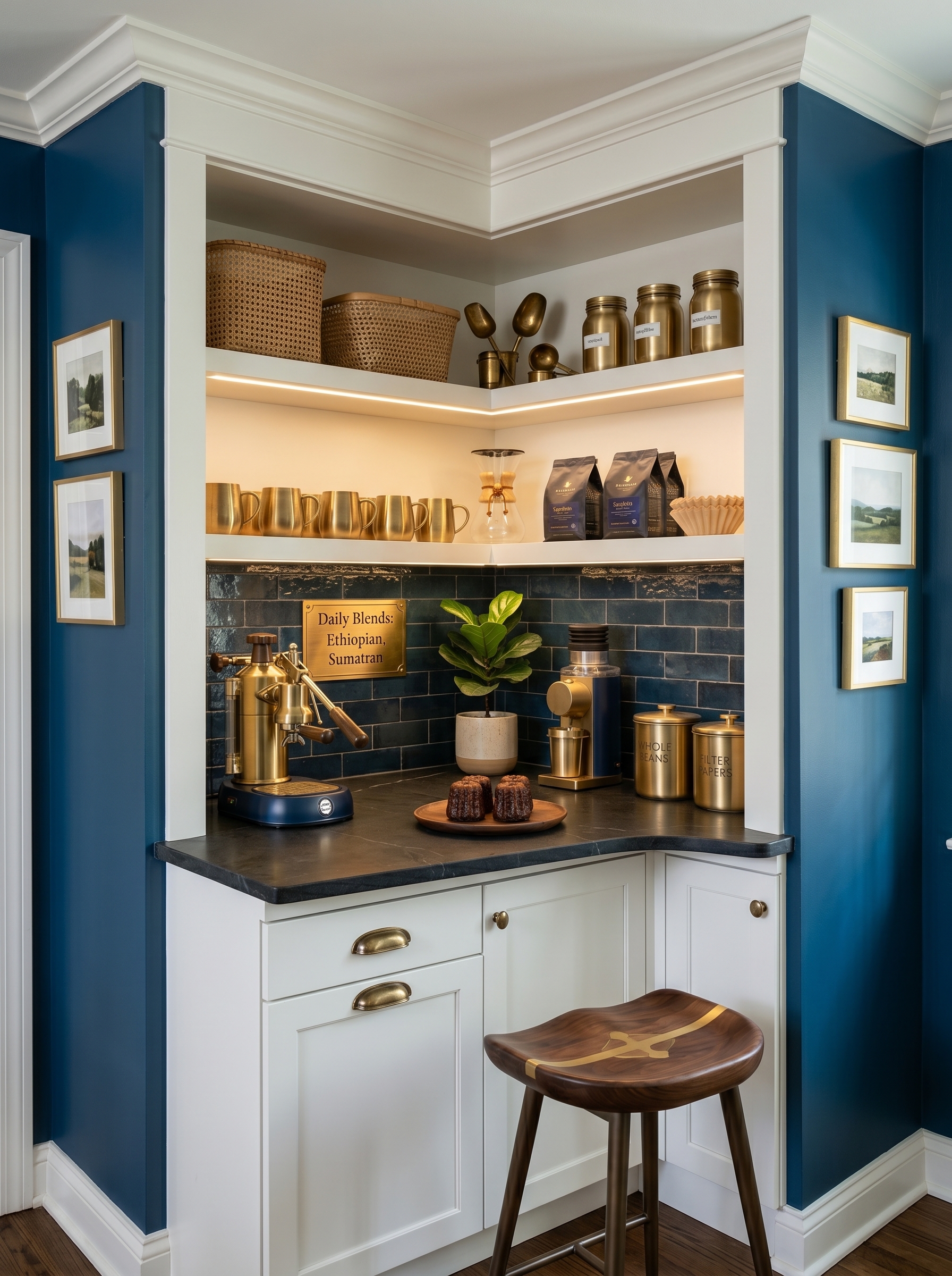 Coffee nook in kitchen ideas with espresso machine, floating shelves, coffee mugs, glass jars, and cozy home café decor