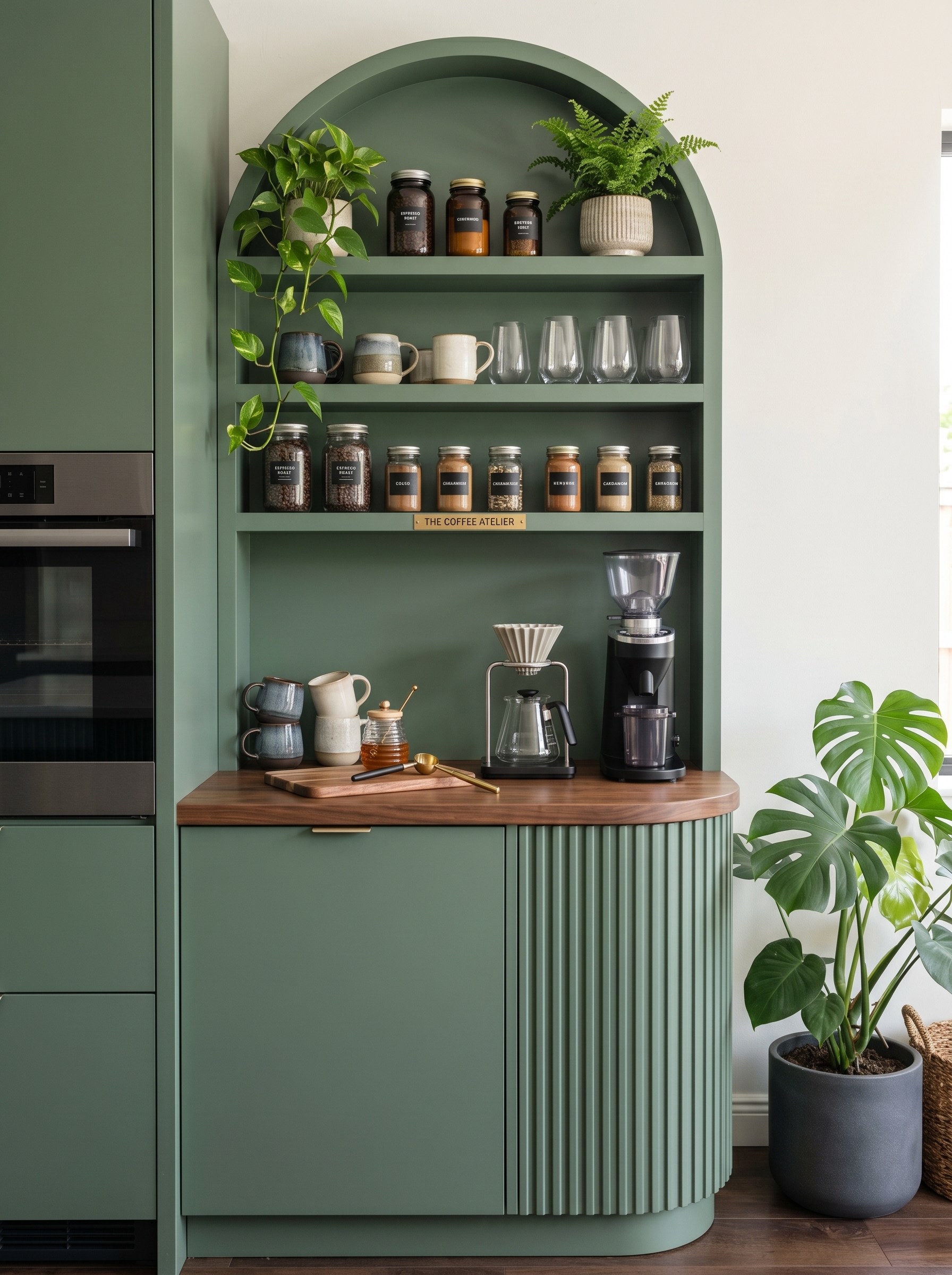 Deep blue built-in coffee nook in kitchen with white cabinetry, brass espresso machine, gold mugs, woven baskets, and navy backsplash