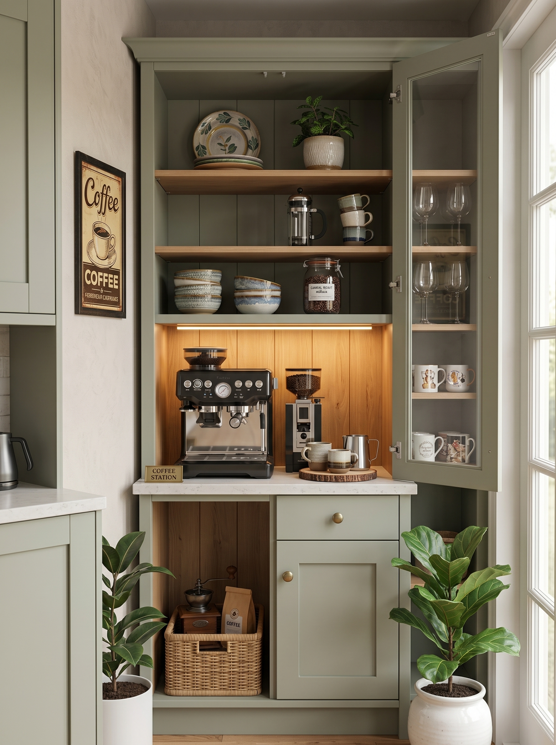Sage green arched coffee nook in kitchen with open shelves, labeled jars, ceramic mugs, plants, and wooden countertop