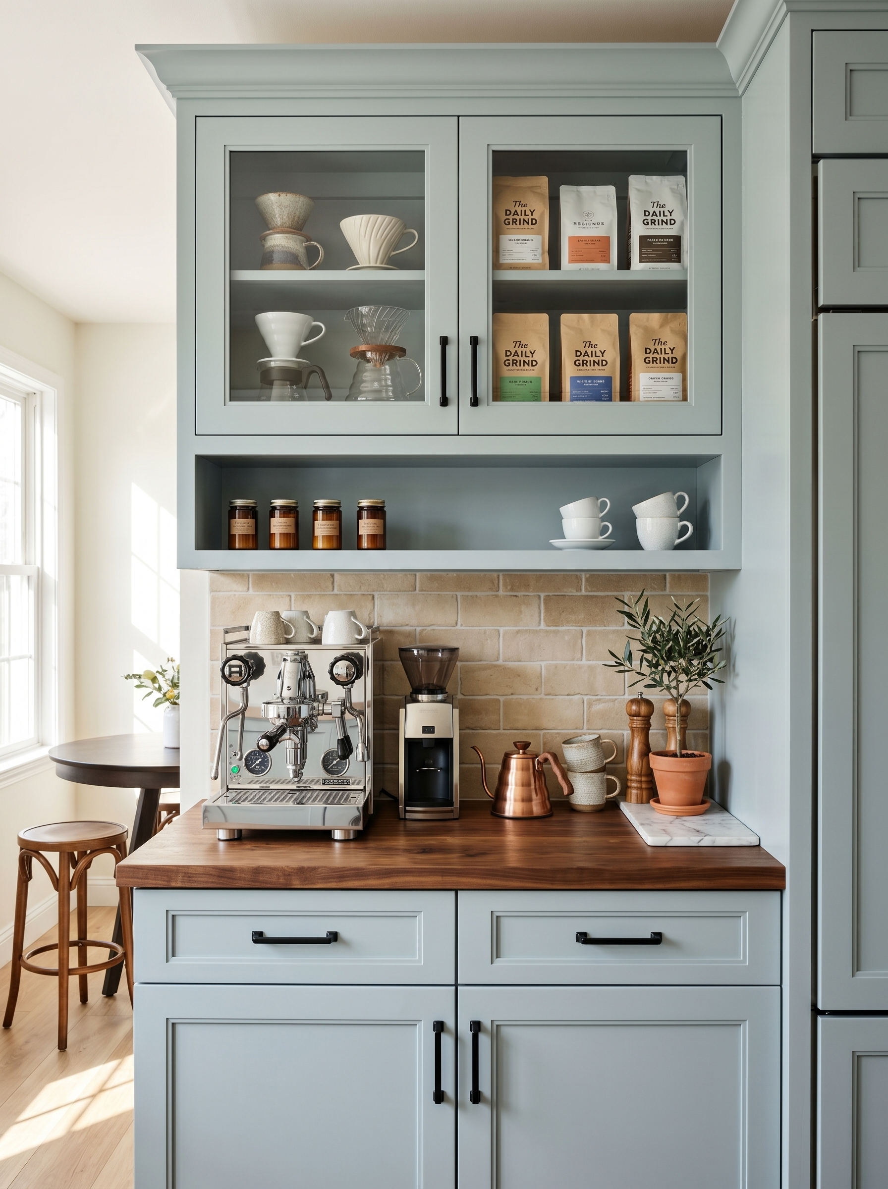 Soft sage built-in coffee station with glass cabinet, espresso machine, coffee grinder, mugs, woven basket, and warm lighting