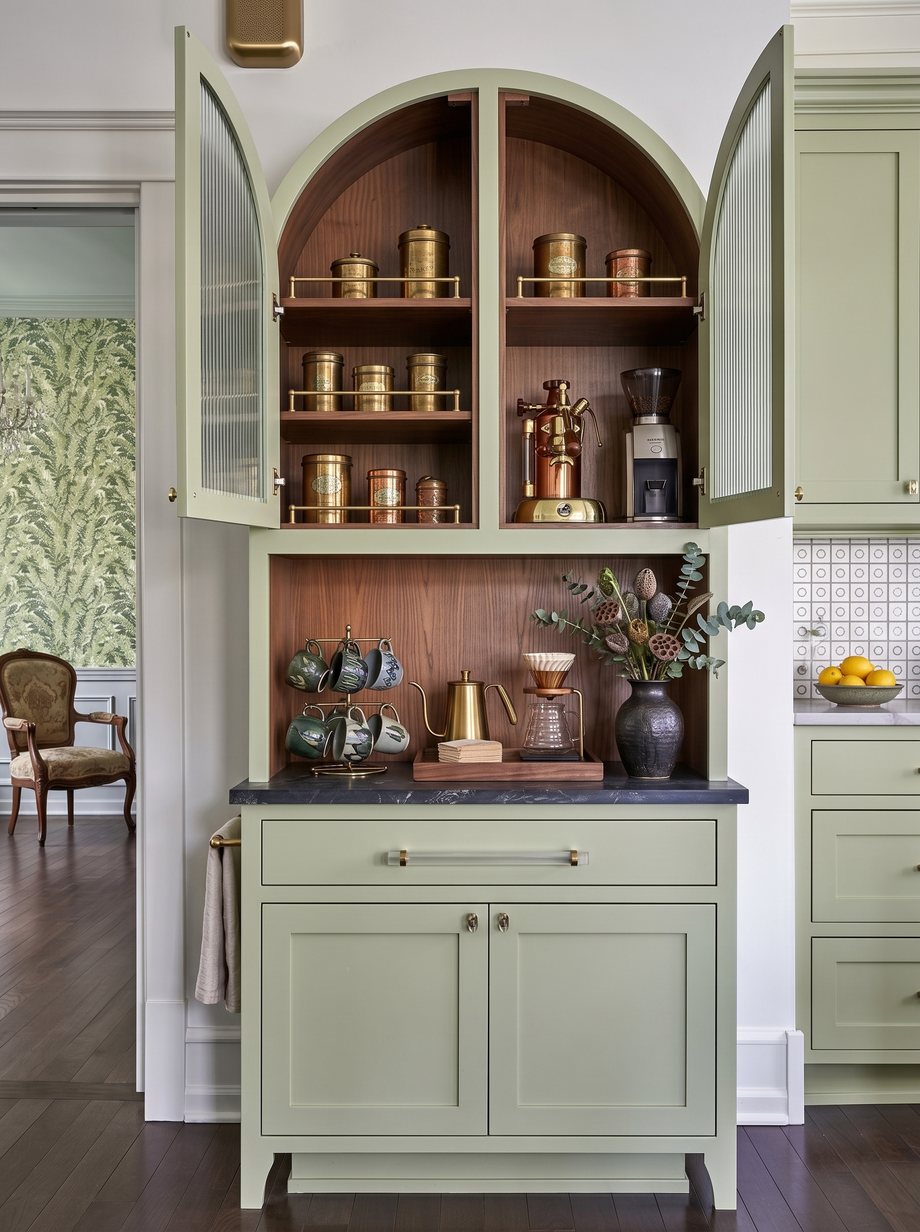 Soft blue coffee nook in kitchen with brick backsplash, wood countertop, glass-front cabinets, espresso machine, copper kettle, and mugs