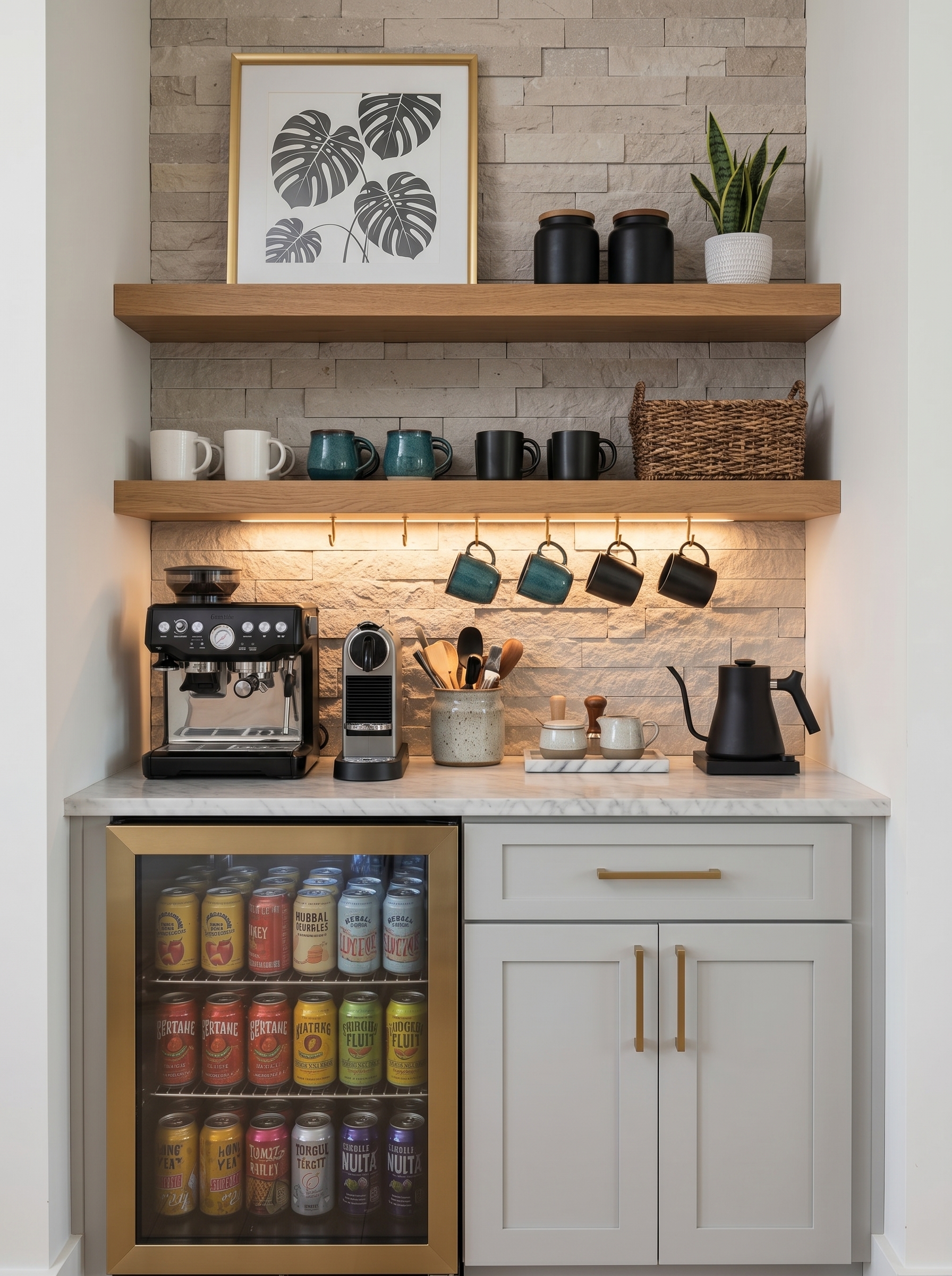 Elegant sage coffee nook with dark wood interior, ribbed glass cabinet, brass canisters, mug rack, gooseneck kettle, and coffee grinder