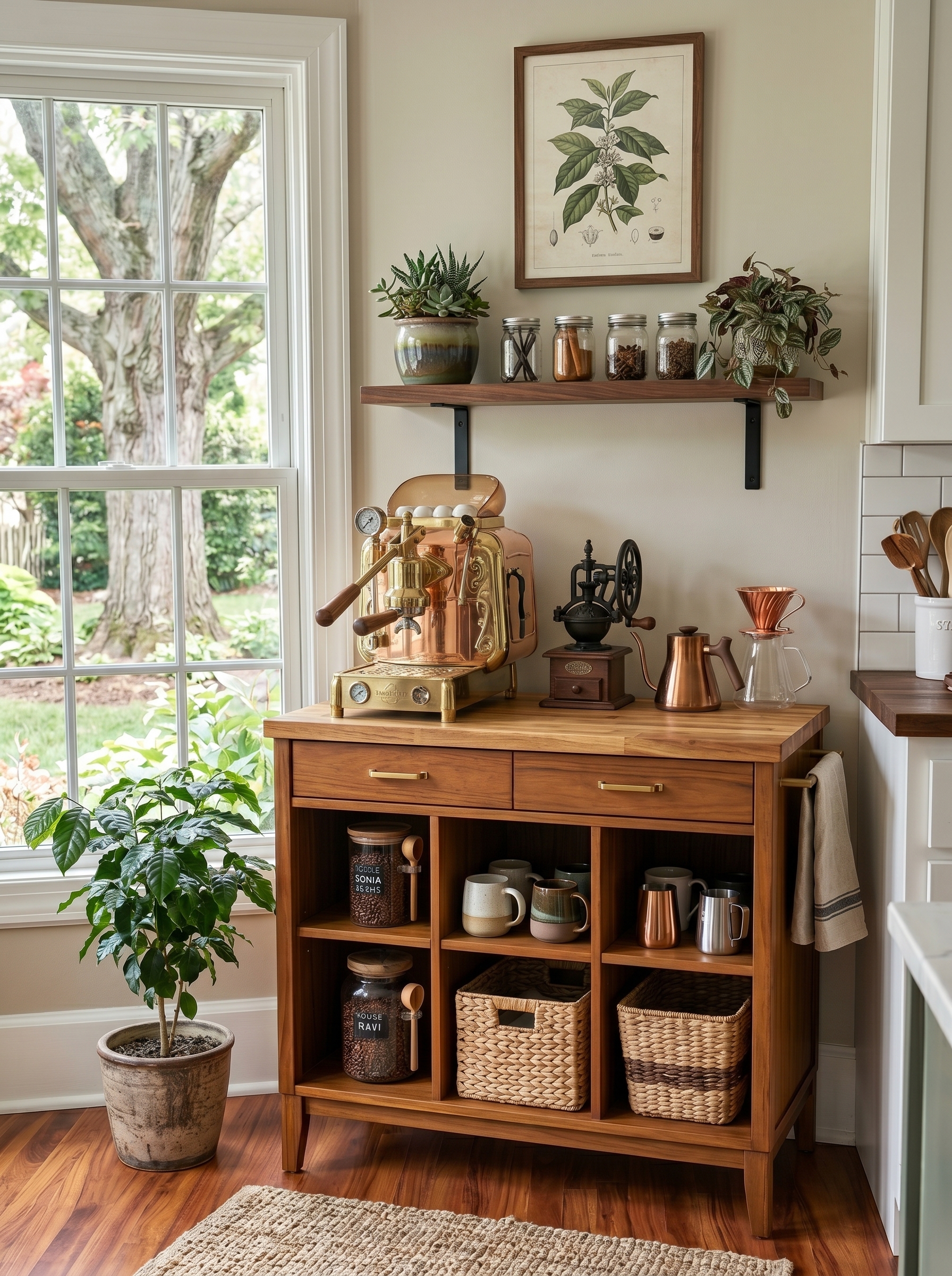 Floating shelf coffee nook in kitchen with stone backsplash, espresso machine, pod coffee maker, hanging mugs, black kettle, and beverage fridge