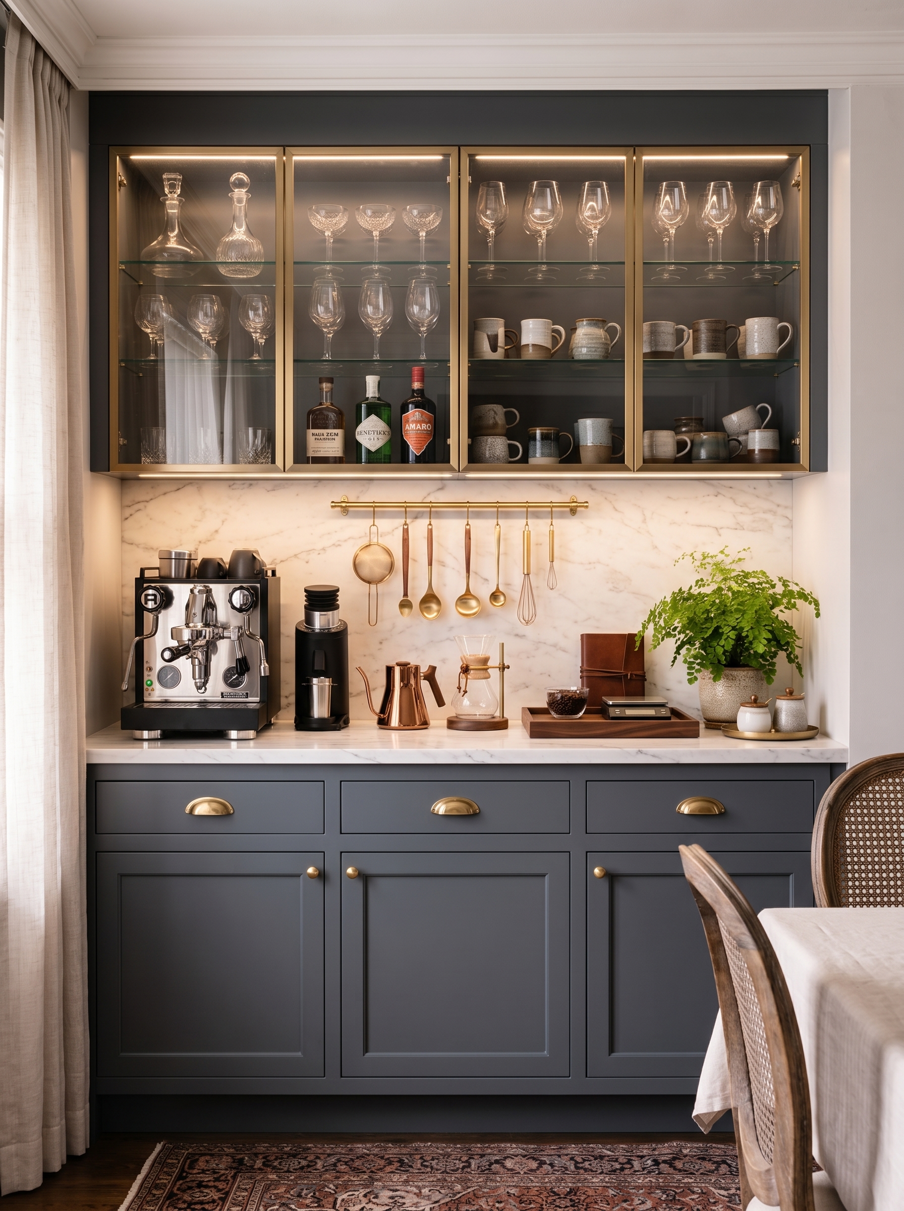 Wooden coffee cart beside kitchen window with gold espresso machine, copper kettle, pour-over coffee maker, mugs, baskets, and plants