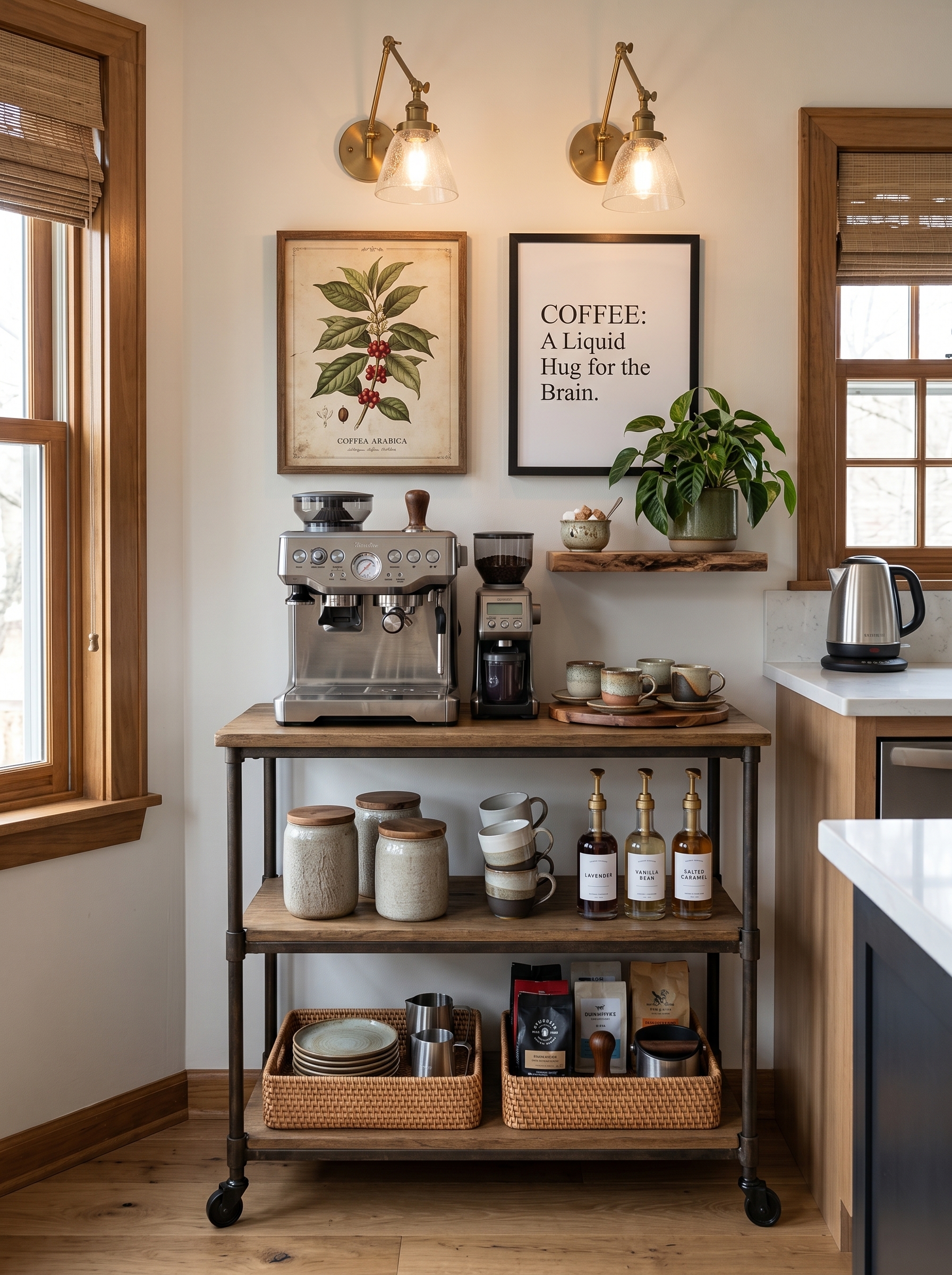 Luxury charcoal coffee nook in kitchen with marble backsplash, brass accents, glass cabinets, espresso machine, grinder, and copper kettle