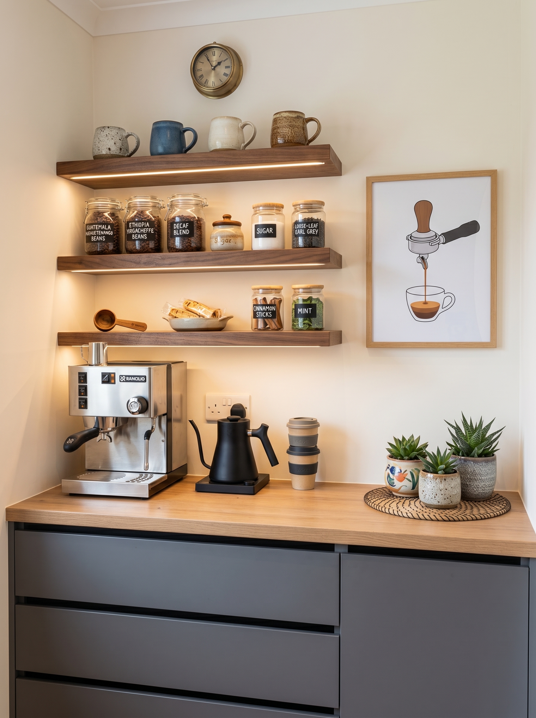 Rolling cart coffee nook with rustic wood shelves, black metal frame, woven baskets, espresso machine, coffee grinder, syrup bottles, and mugs