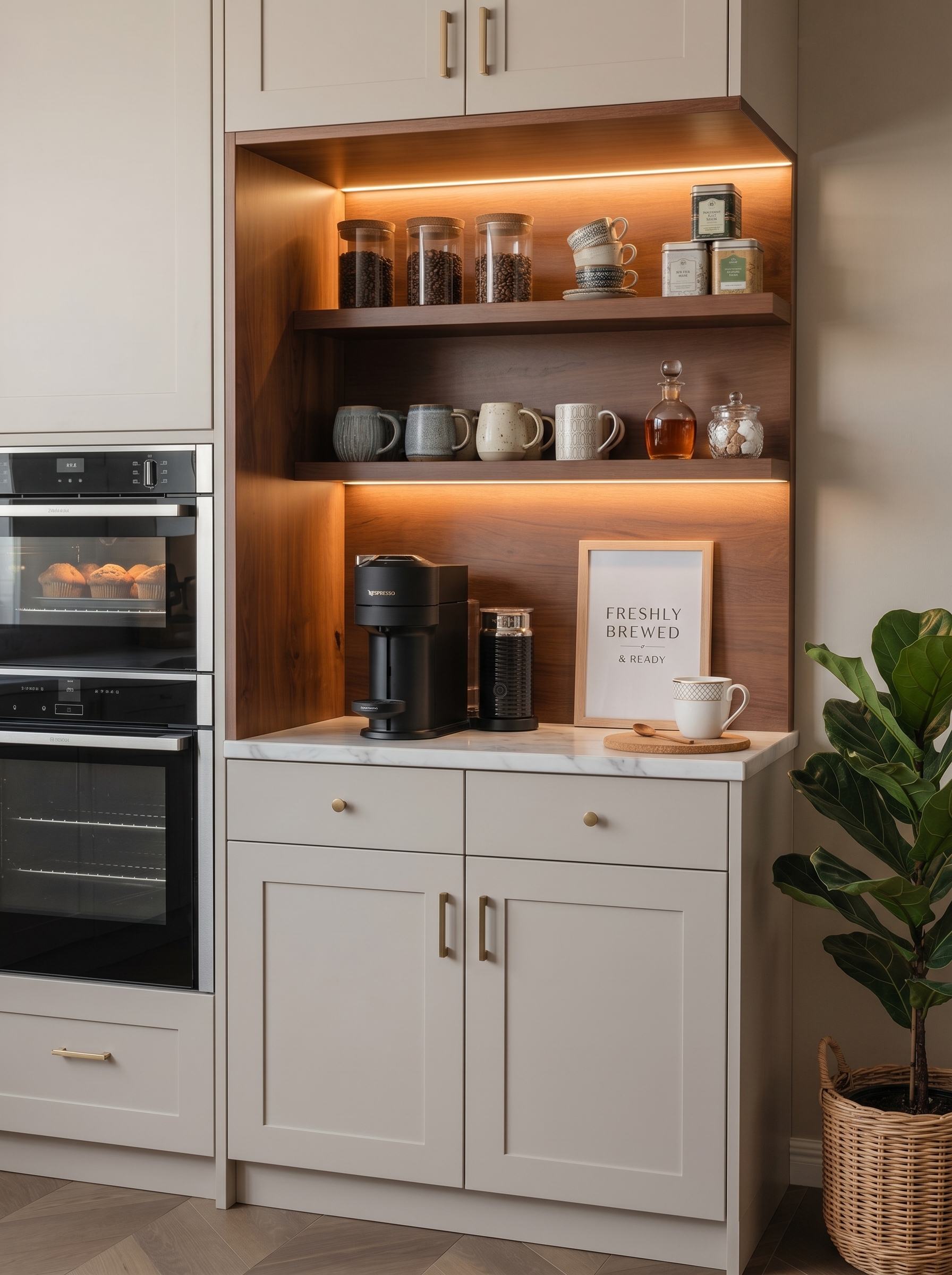 Modern coffee nook in kitchen with labeled glass jars, floating wood shelves, espresso machine, black kettle, mugs, wall clock, and plants