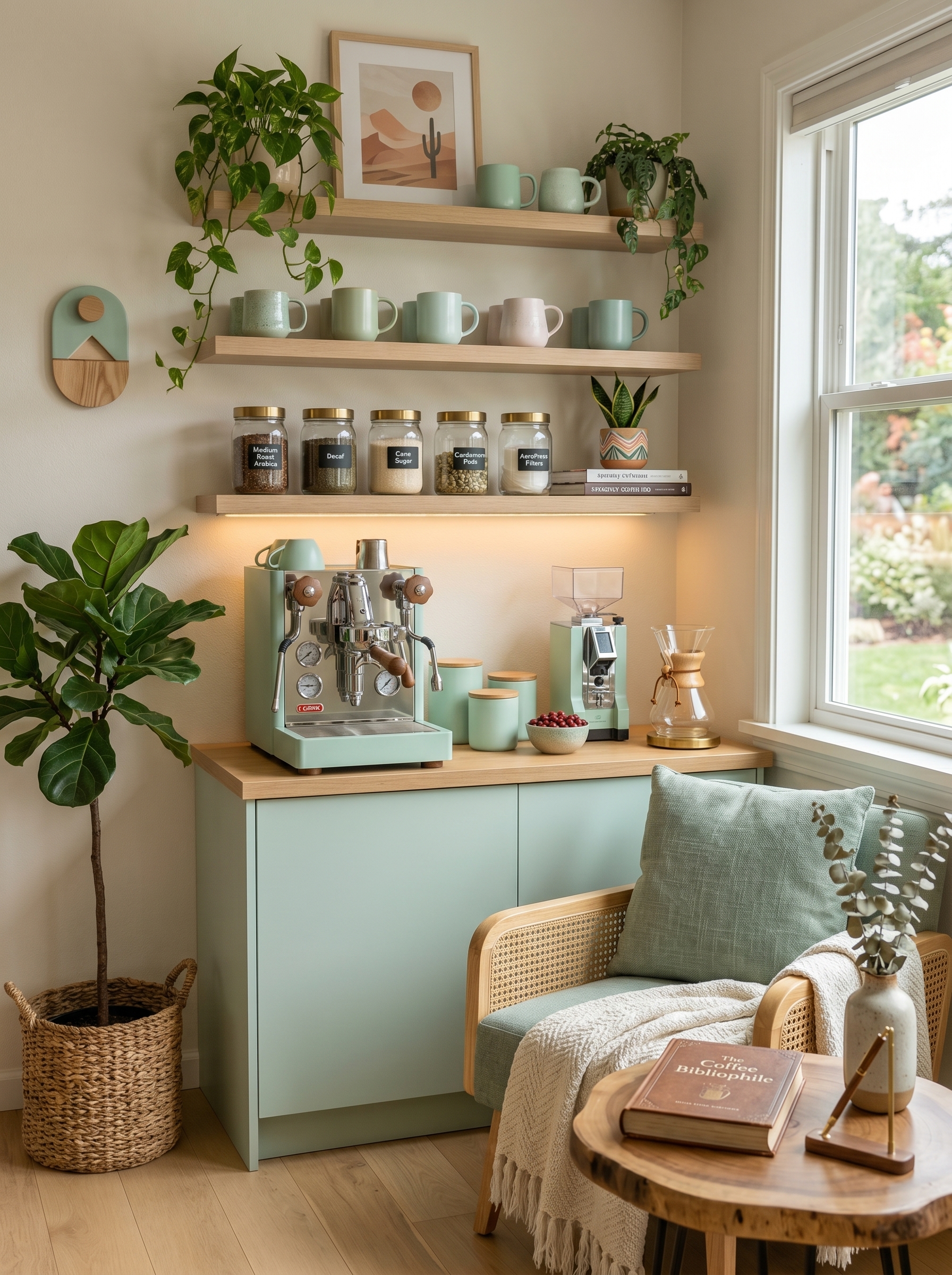 Cream built-in coffee nook with warm wood backing, marble-style countertop, open shelves, coffee machine, milk frother, and storage cabinets