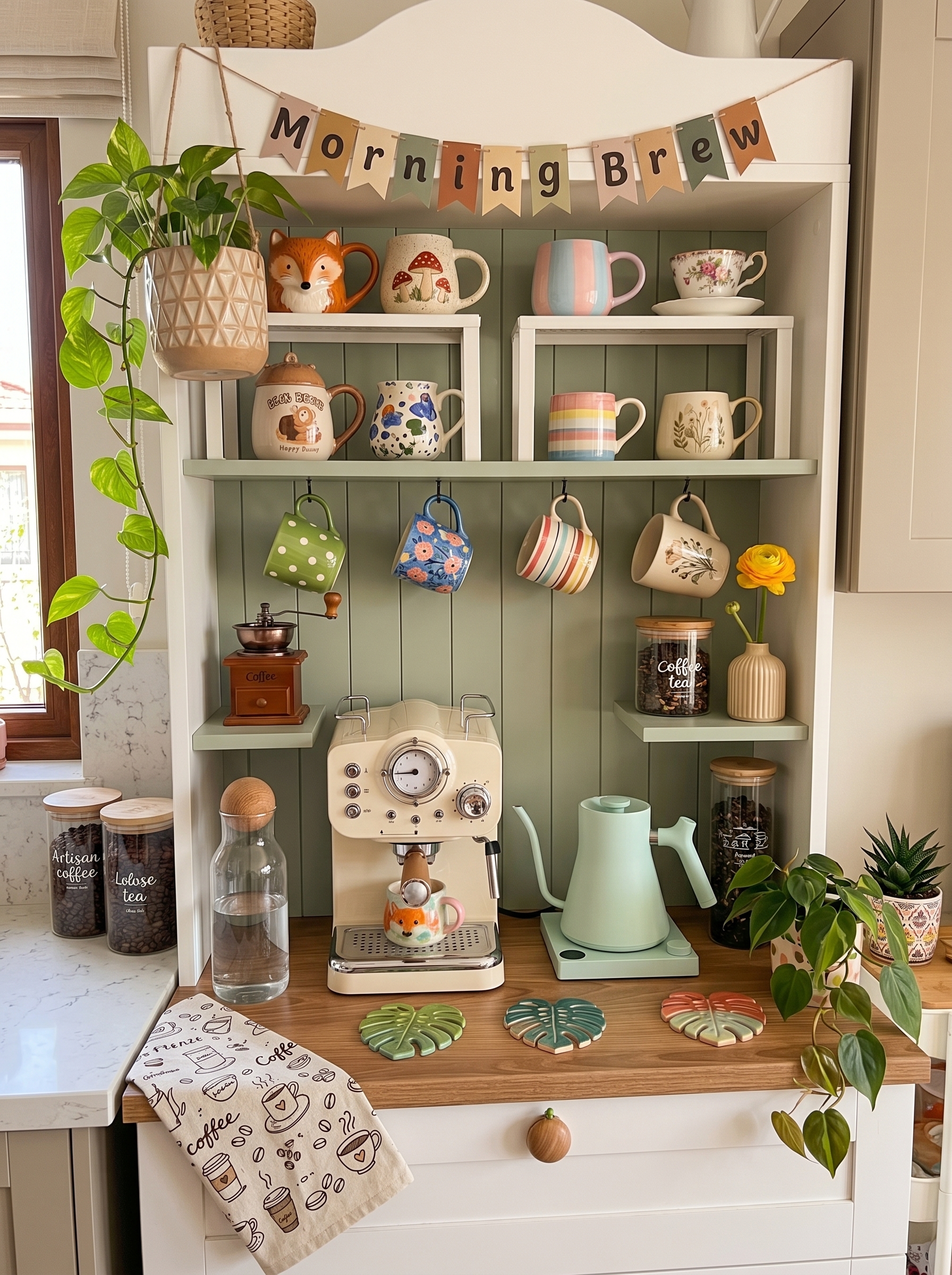 Mint green coffee nook in kitchen with matching espresso machine, floating shelves, pastel mugs, plants, wood countertop, and cozy chair