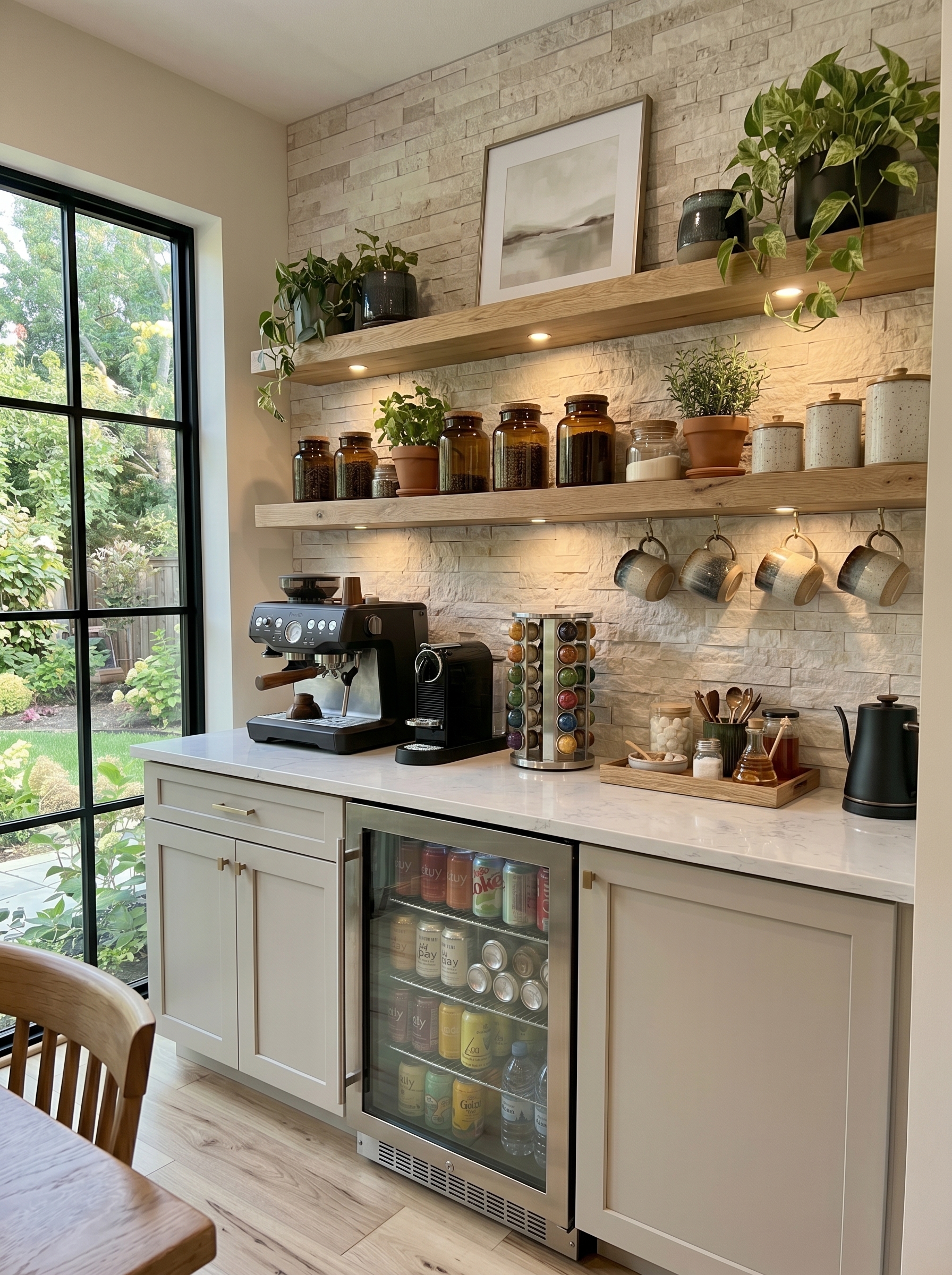 Playful cottage coffee nook with colorful mugs, sage green beadboard, Morning Brew banner, espresso machine, mint kettle, and hanging mug hooks