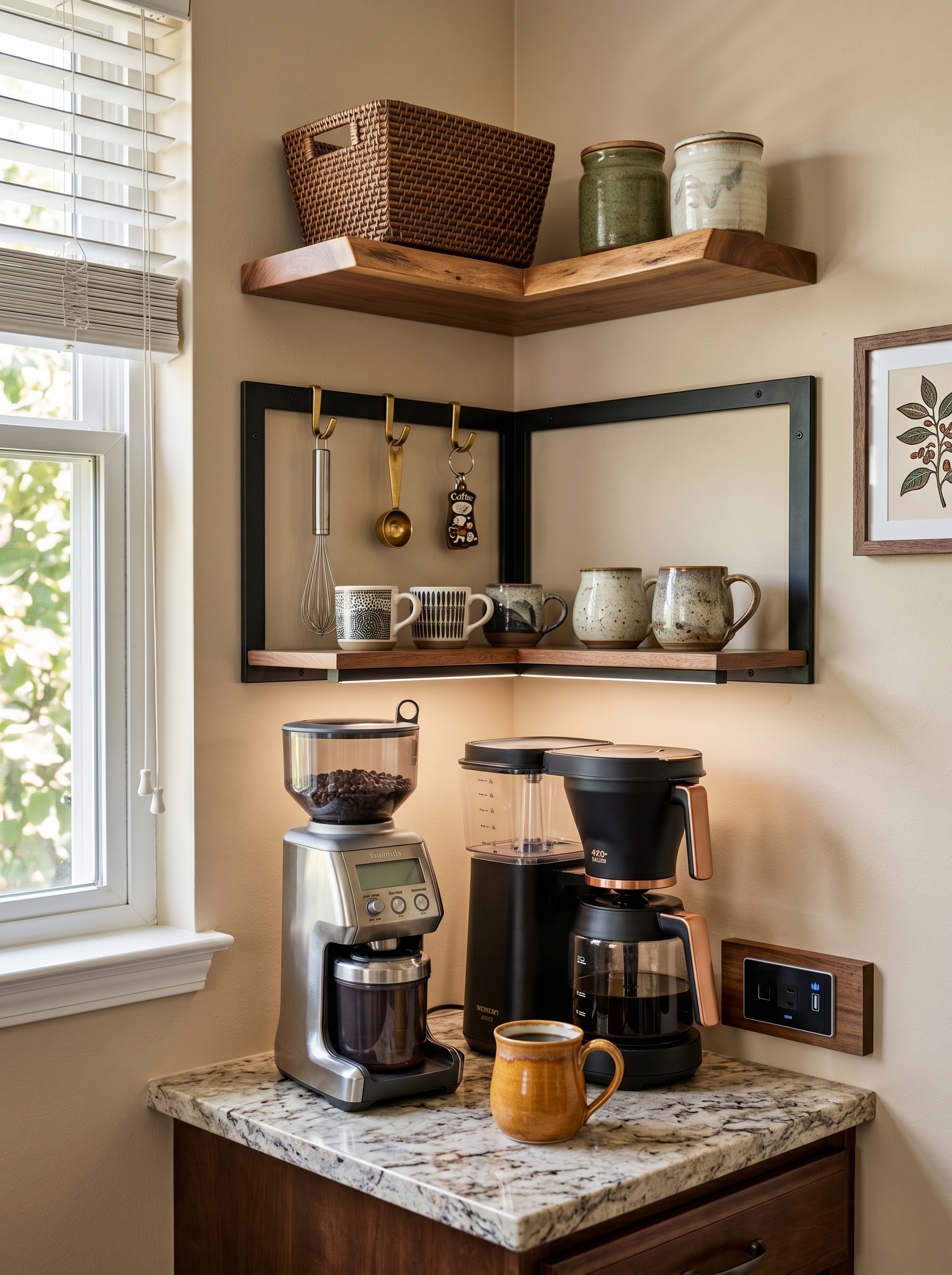 Stone backsplash coffee nook with long floating shelves, espresso machine, pod coffee maker, black kettle, jars, mugs, and under-shelf lighting
