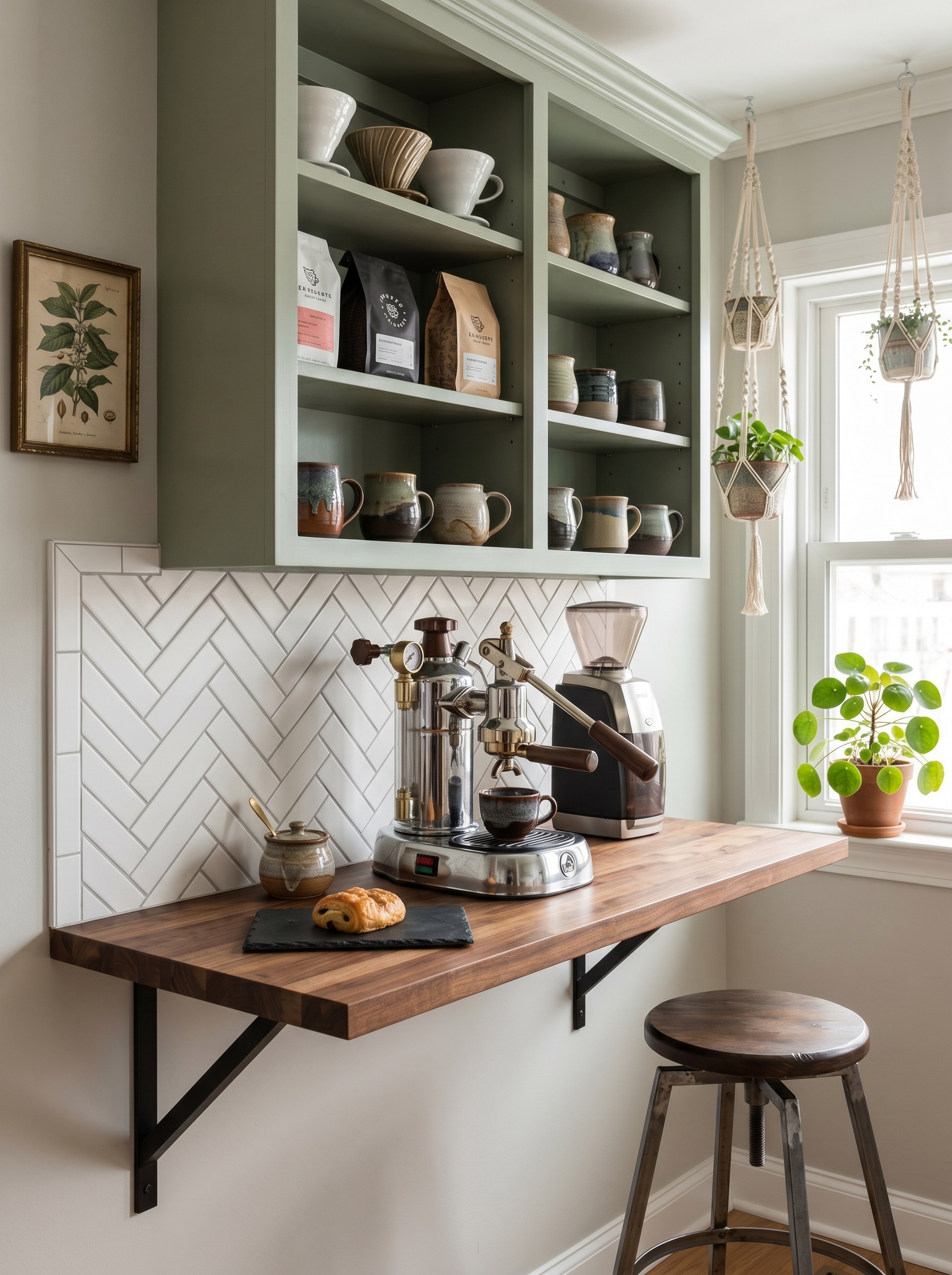 Sunny corner coffee nook in kitchen with black rail, wood shelf, wicker basket, ceramic jars, drip coffee maker, grinder, and mugs