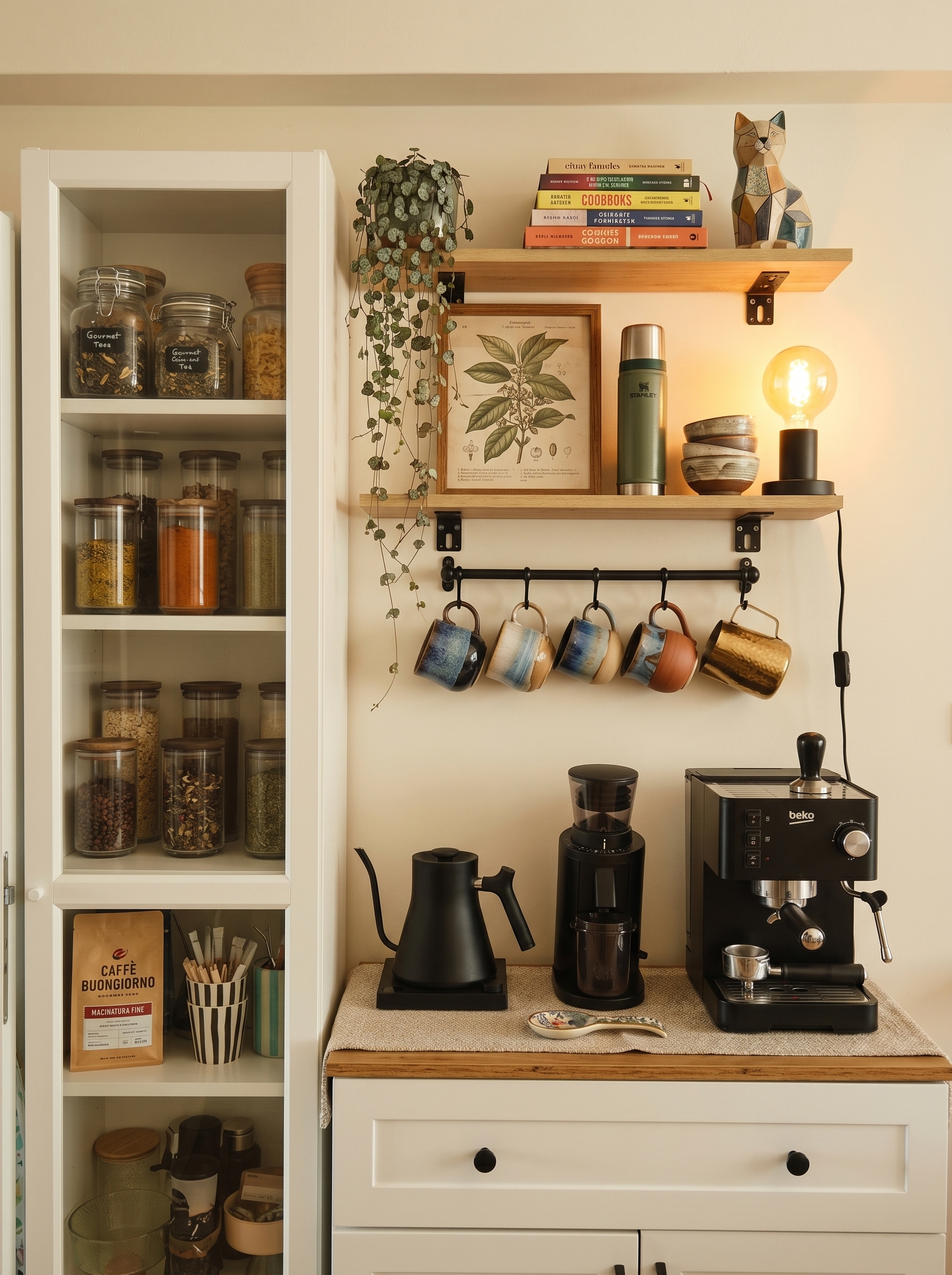 Window coffee nook with floating corner shelf, black metal rail, natural wood countertop, drip coffee maker, grinder, jars, and wicker basket