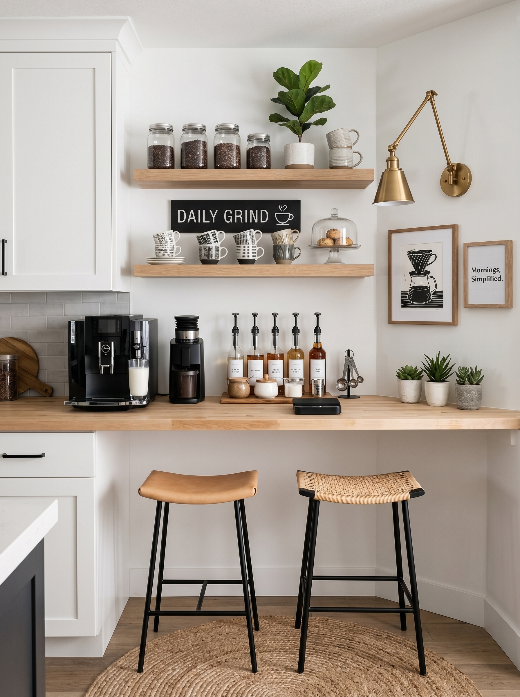 Farmhouse coffee nook in kitchen with cream cabinet, wood countertop, floating shelves, espresso machine, black kettle, mug rail, and glass cabinet