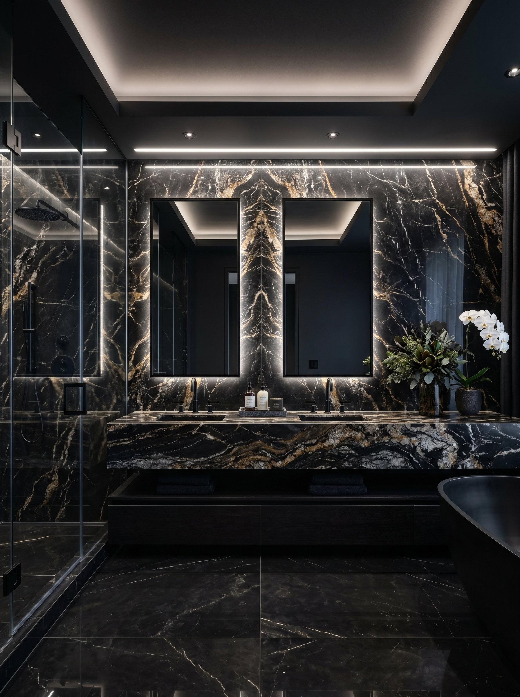 Black marble bathroom ideas with glossy dark marble walls, gold fixtures, luxury vanity, glass shower, and modern bathroom decor