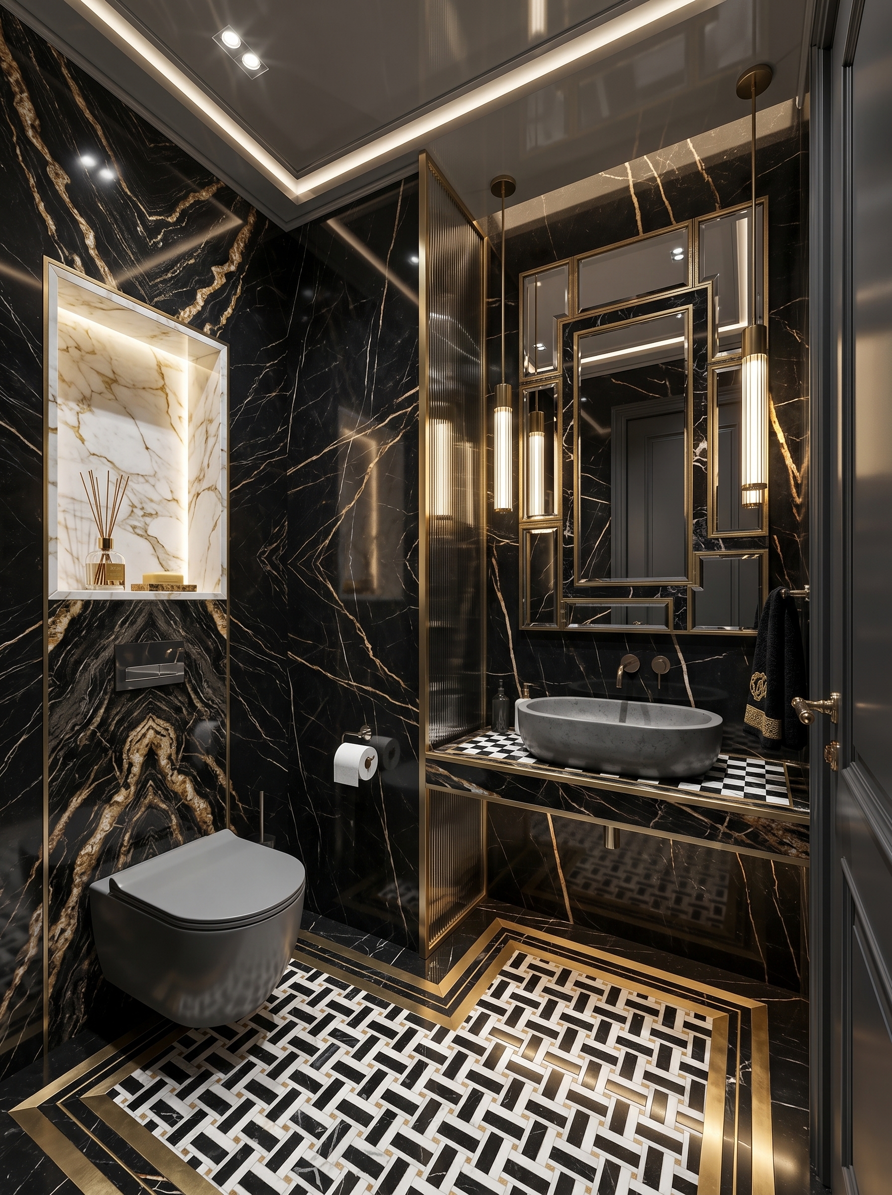 Luxury black marble bathroom with double vanity, large mirrors, glass shower enclosure, black fixtures, and glossy marble walls