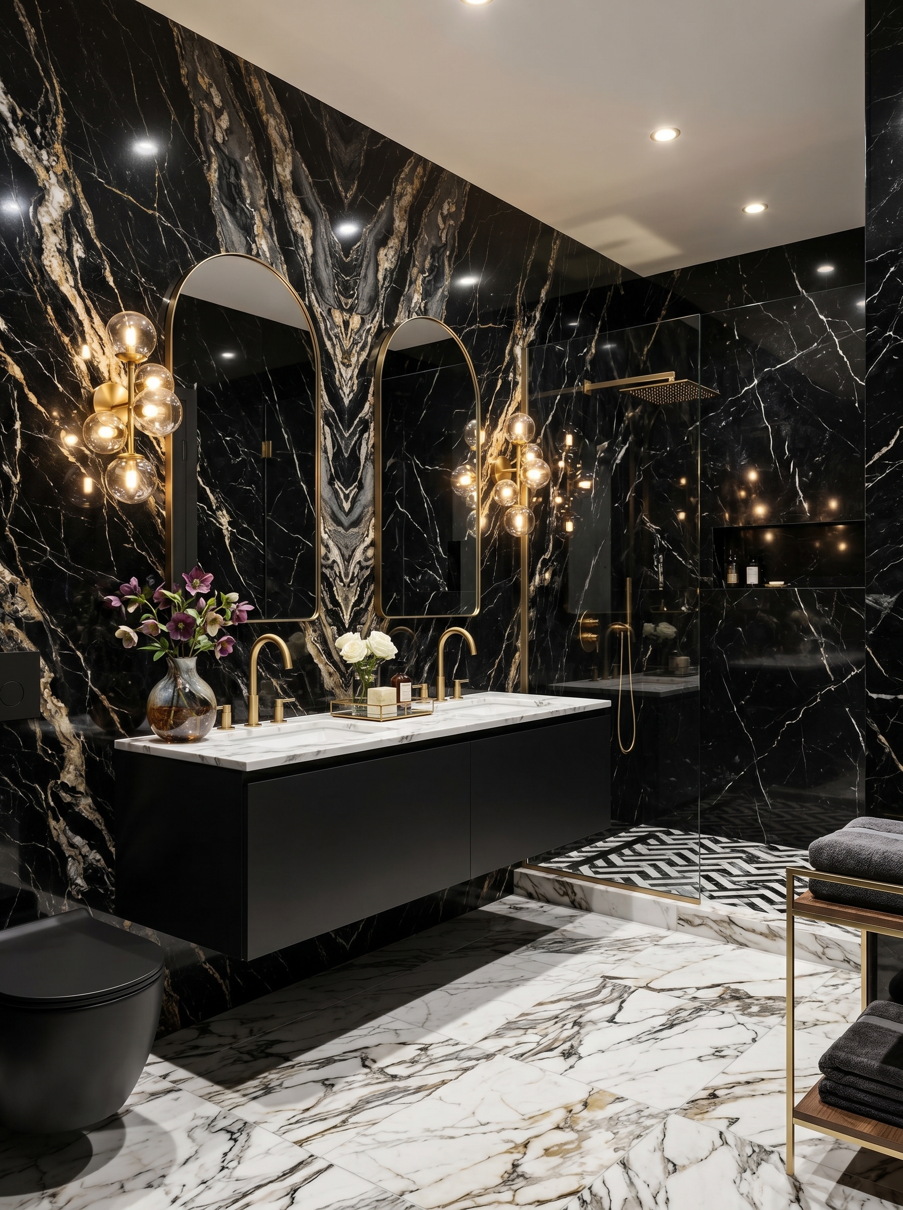 Black and gold marble powder room with glossy marble walls, gold veining, vessel sink, statement mirror, and geometric floor