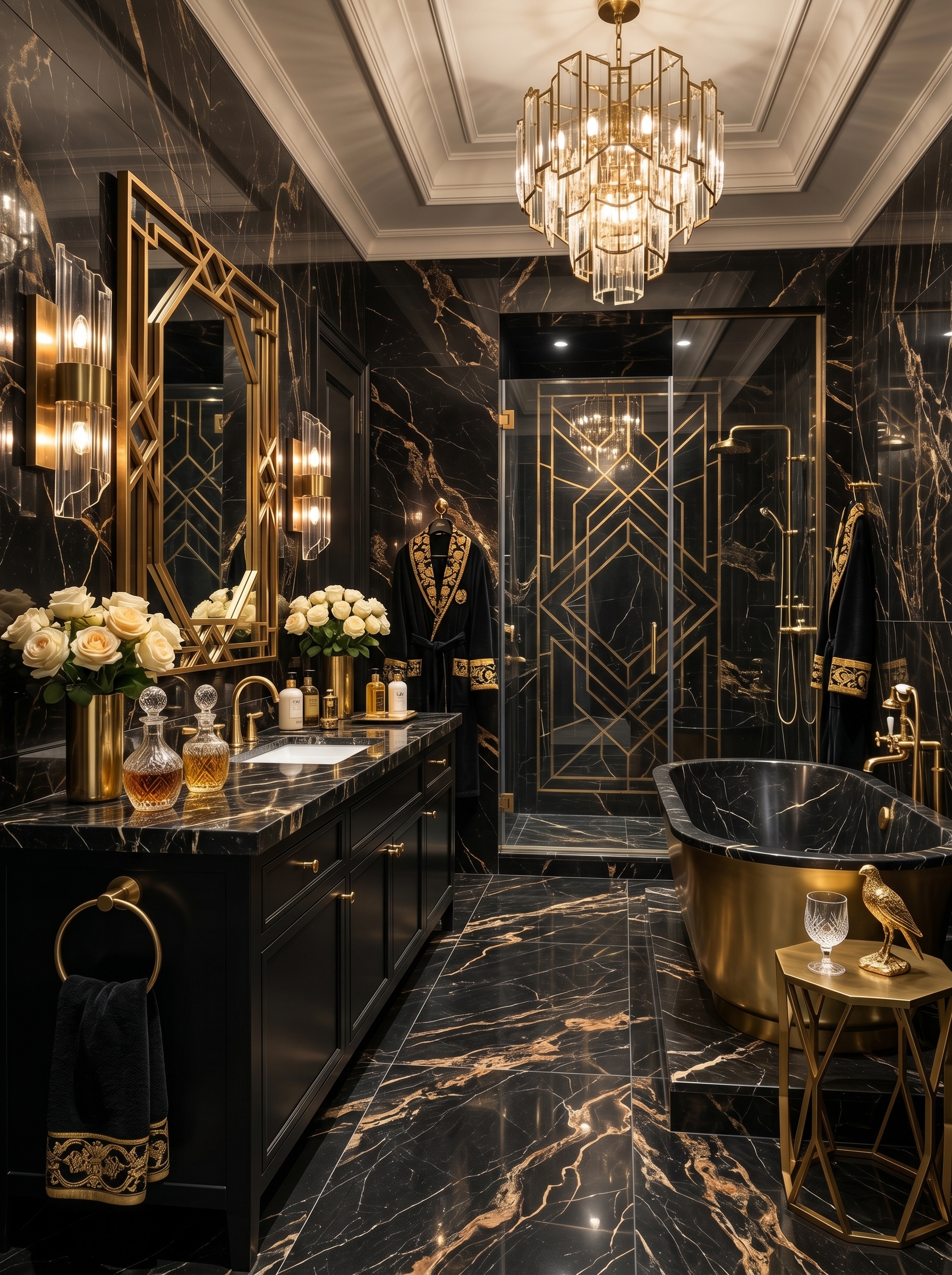 Modern black marble bathroom with arched mirrors, floating double vanity, gold faucets, glass shower, and white marble floor