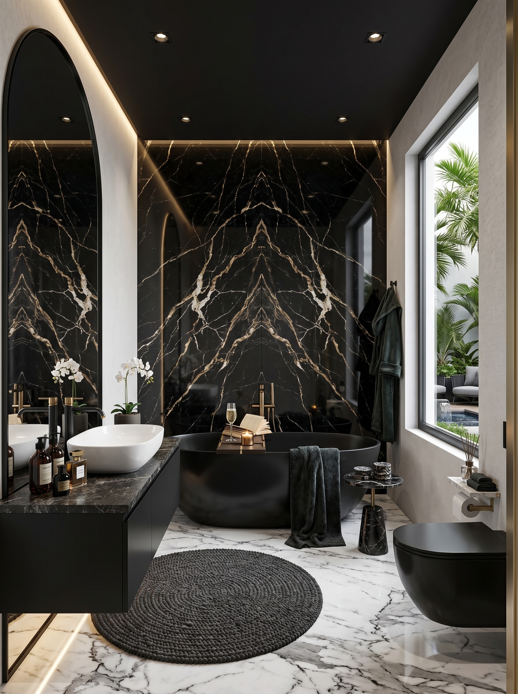 Art deco black marble bathroom with gold tub, crystal chandelier, gold mirror, wall sconces, and glossy dark marble walls