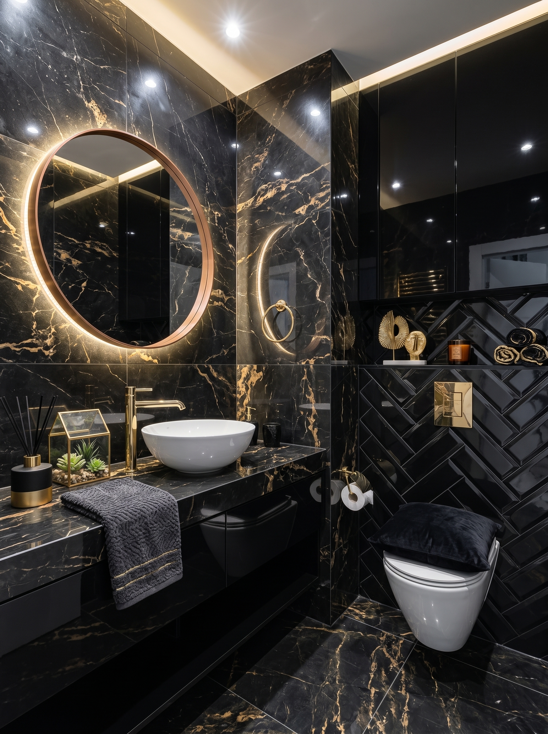 Spa-inspired black marble bathroom with freestanding tub, arched mirror, brass fixtures, white flooring, plants, and floating vanity