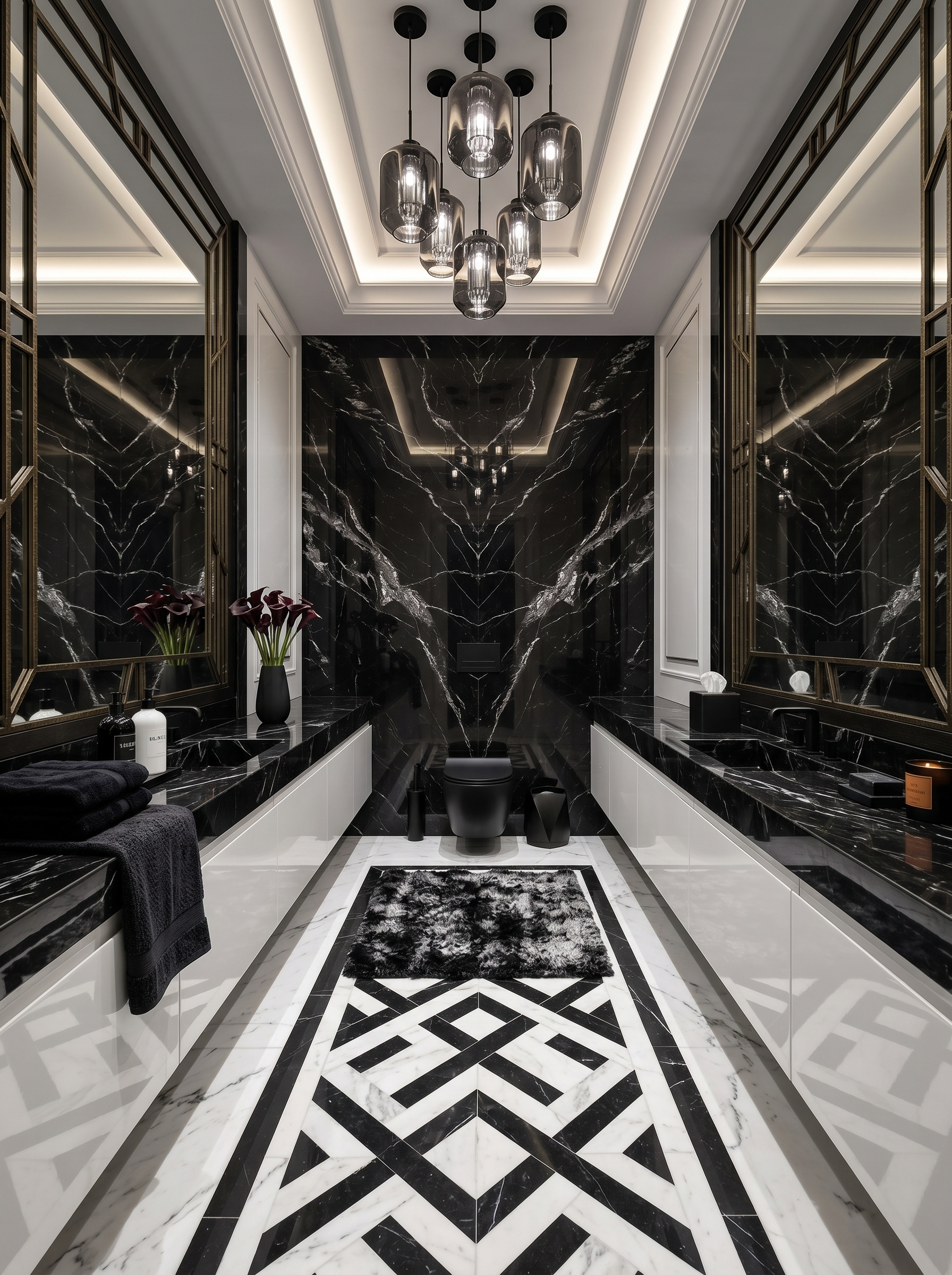 Black marble bathroom with backlit arched mirror, white vessel sink, gold faucet, black cabinetry, wall shelves, and glass shower
