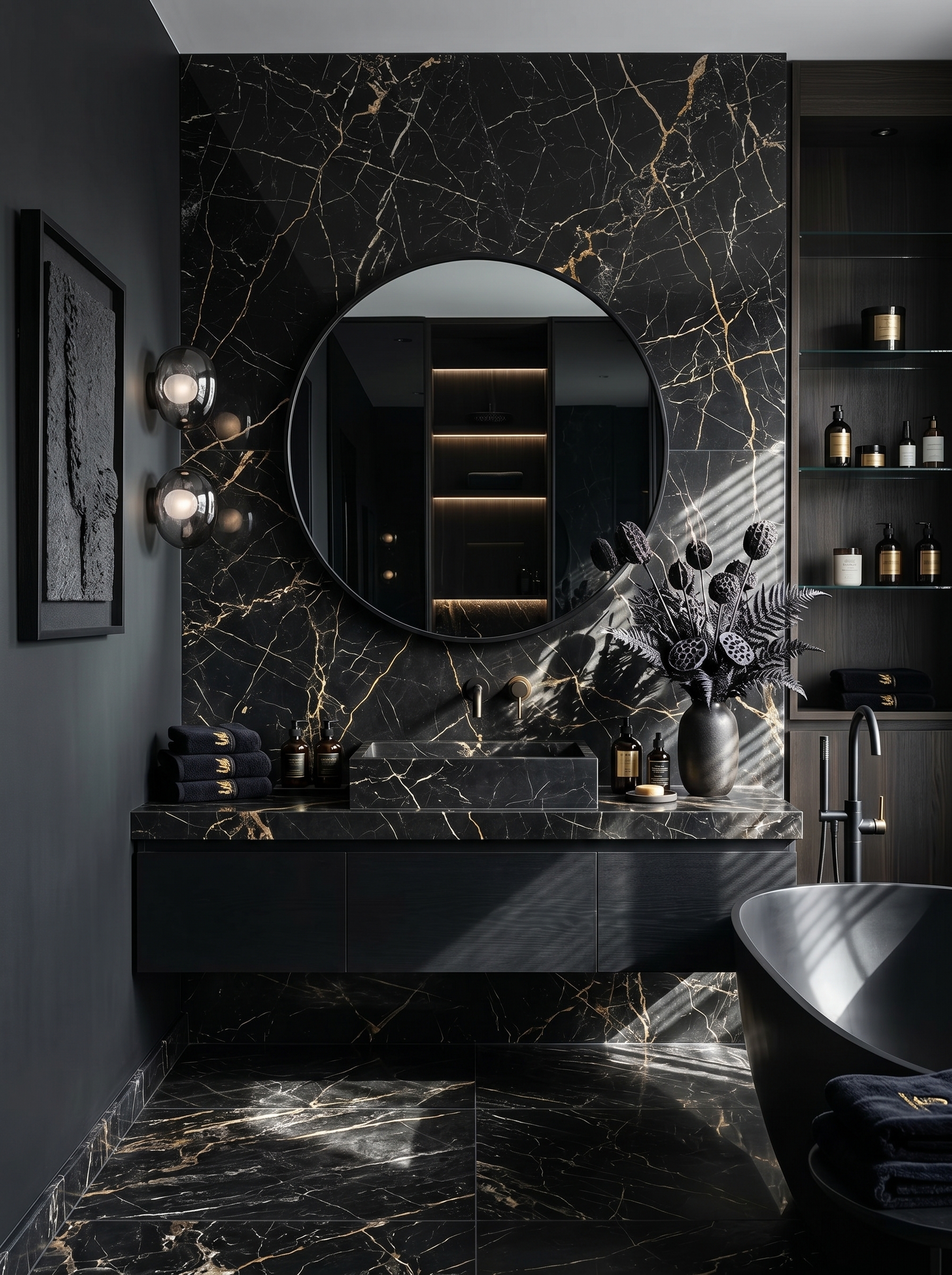 Small black marble bathroom with round backlit mirror, vessel sink, gold faucet, black cabinetry, and geometric feature wall