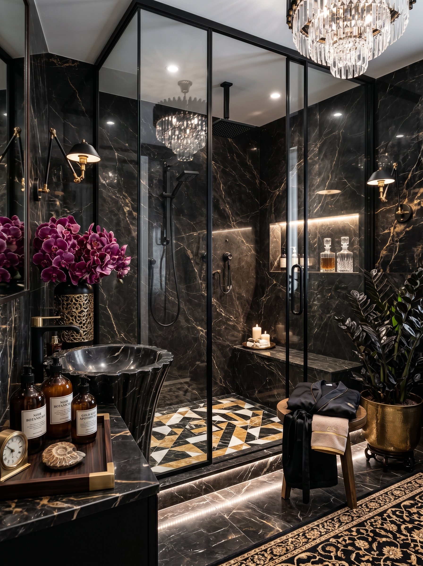 Sleek black marble bathroom with floating vanity, round mirror, black vessel sink, dark wood cabinet, and gold-veined marble wall
