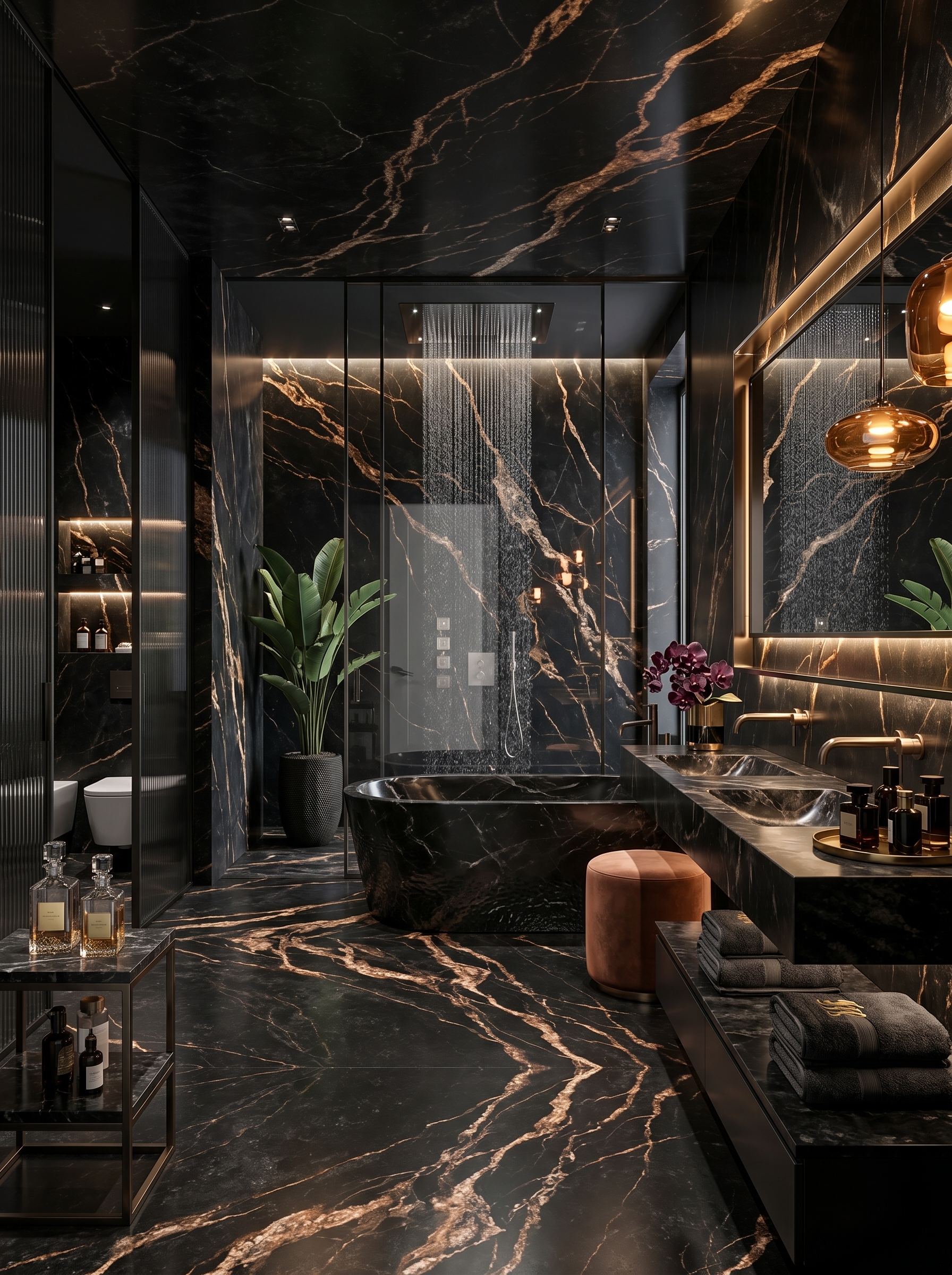 Glamorous black marble bathroom with glass shower enclosure, chandelier, gold faucet, black sink, orchid decor, and dark marble walls