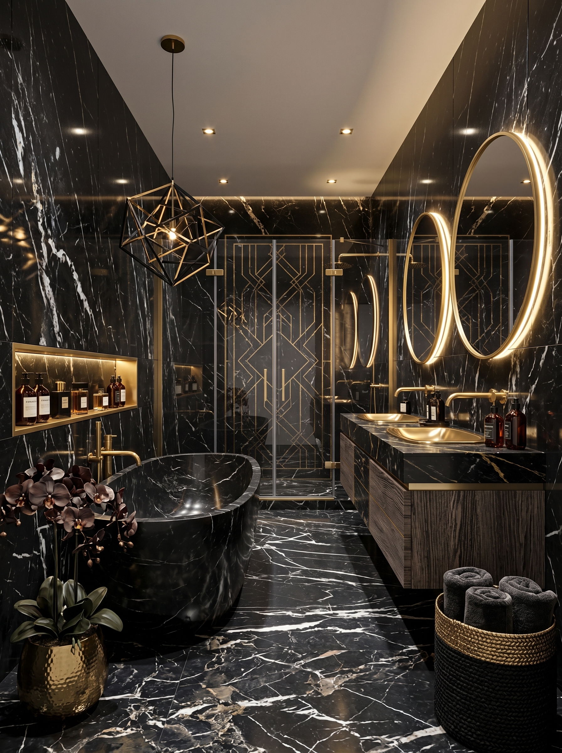 Floor-to-ceiling black marble bathroom with freestanding black tub, double vanity, gold veining, pendant lights, and glass shower