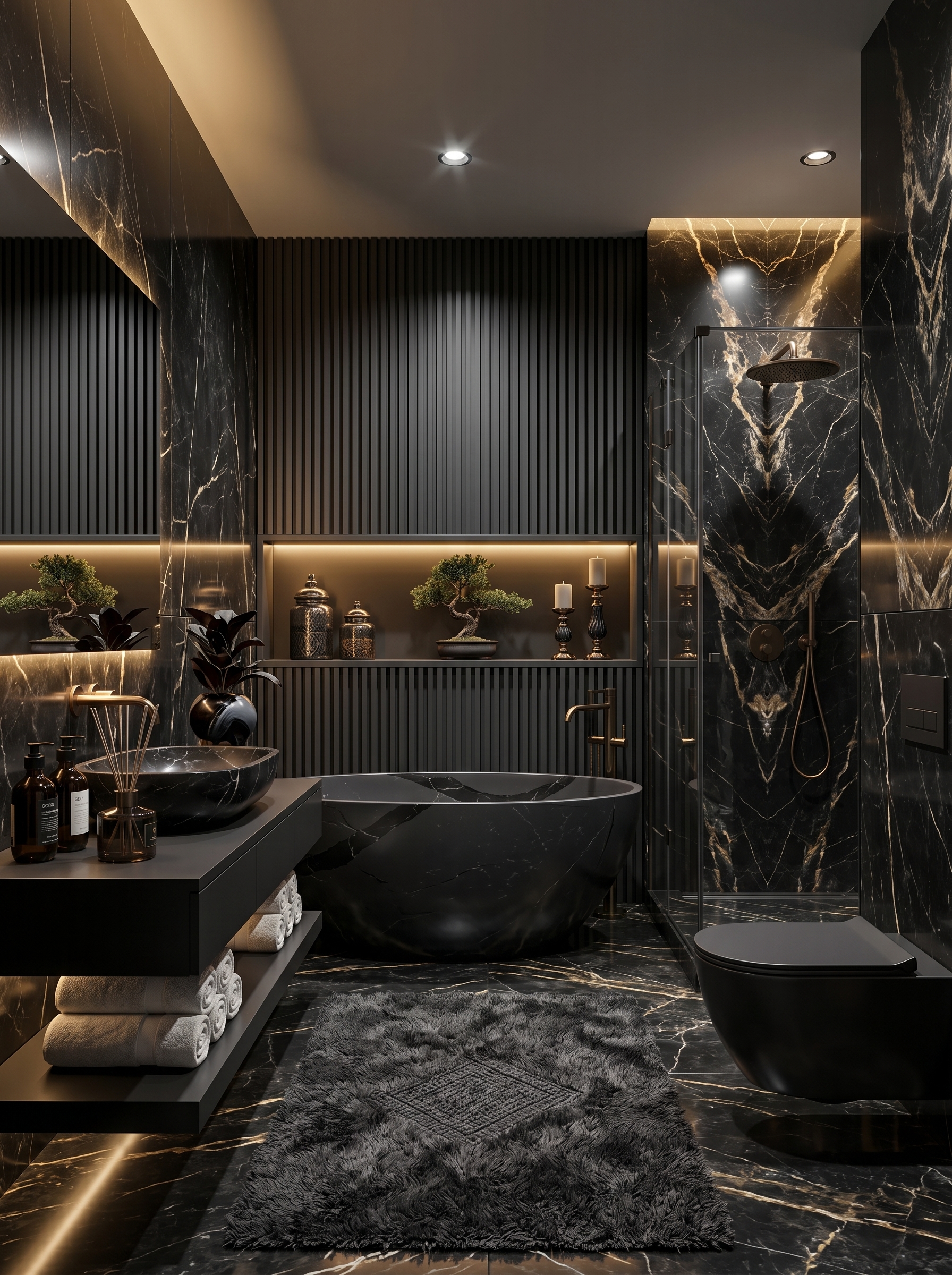 Modern black marble bathroom with metallic sinks, round glowing mirrors, freestanding tub, pendant lighting, and glass shower enclosure