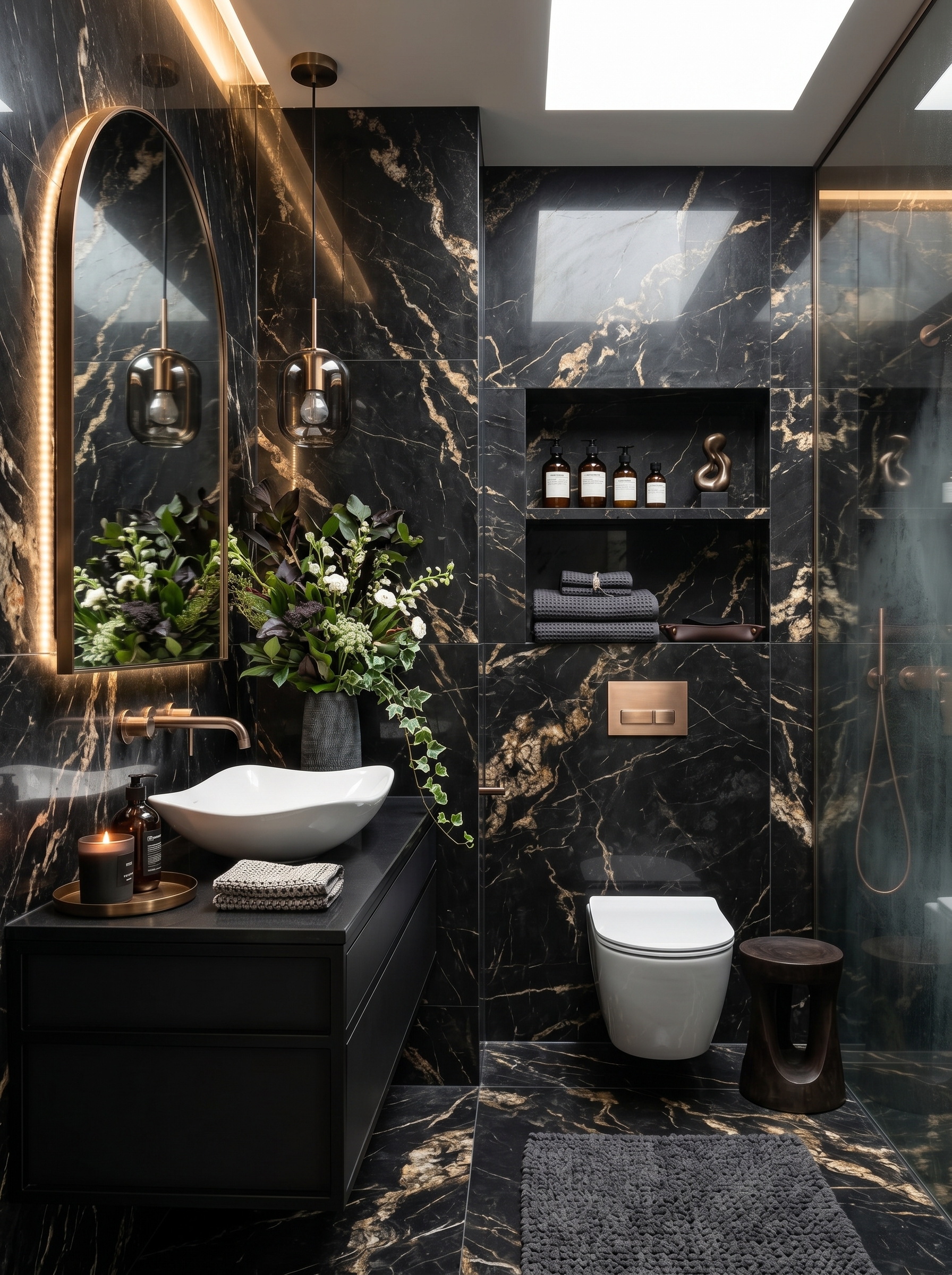 Black marble spa bathroom with built-in shelves, freestanding black tub, floating vanity, brass fixtures, open towel storage, and candles